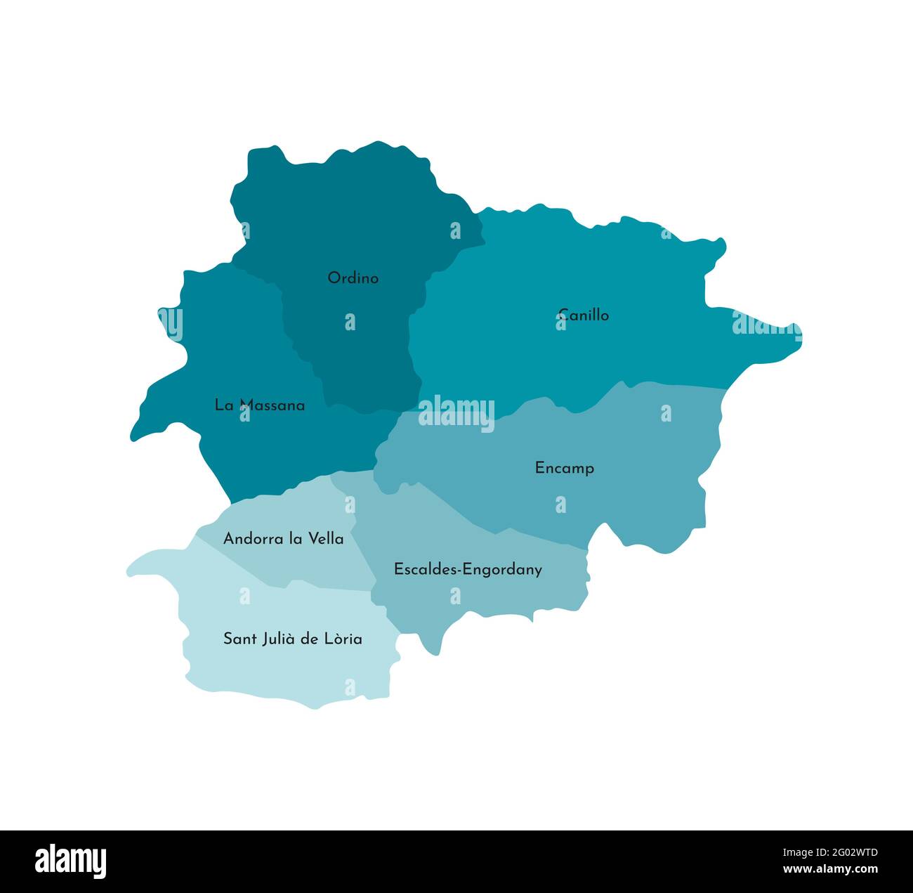 Ilustración vectorial aislada del mapa administrativo simplificado de Andorra. Fronteras y nombres de las parroquias (regiones). Siluetas de colores azul caqui Ilustración del Vector