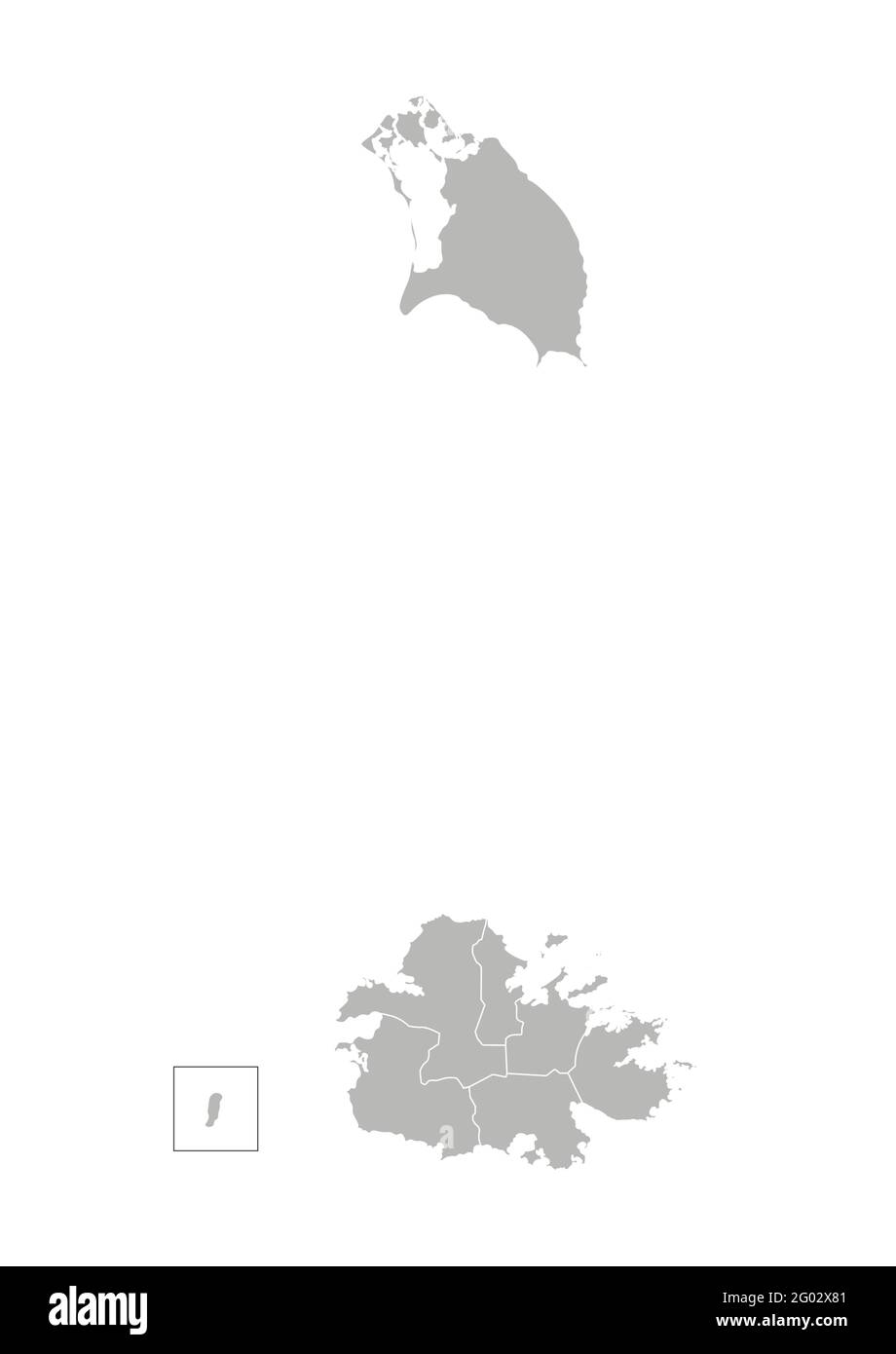 Vector ilustración aislada del mapa administrativo simplificado de Antigua y Barbuda. Fronteras de las regiones. Siluetas grises. Contorno blanco. Ilustración del Vector