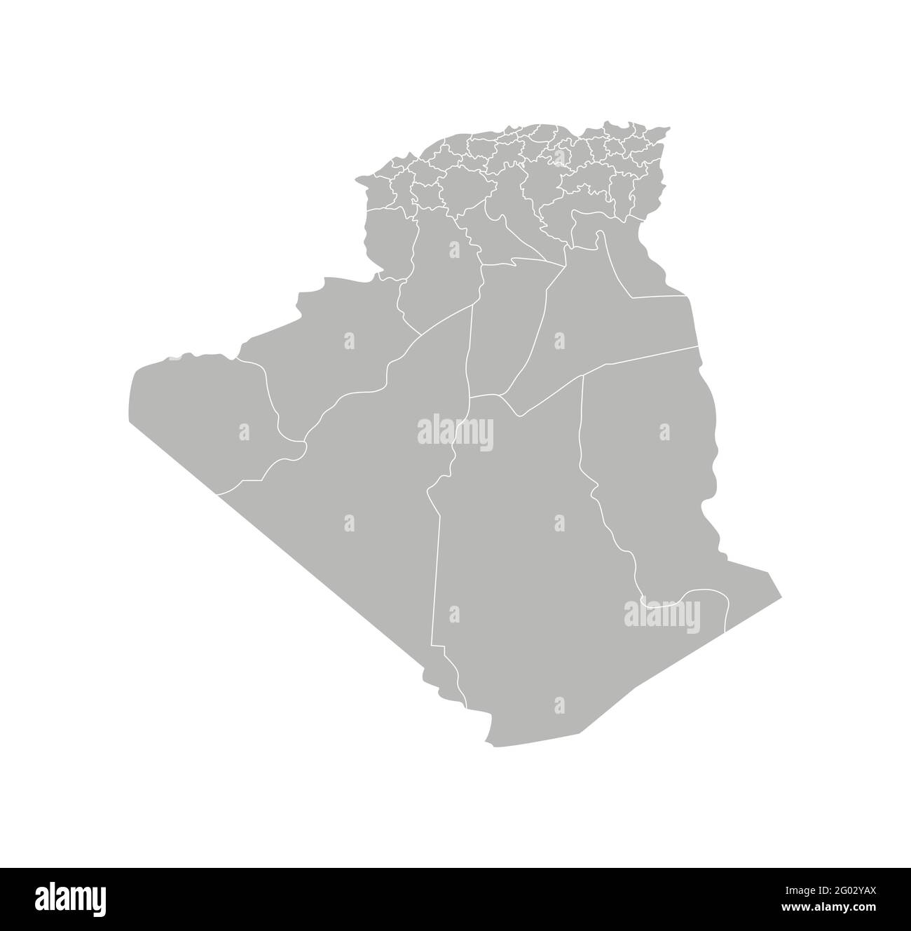 Vector ilustración aislada del mapa administrativo simplificado de Argelia. Fronteras de las provincias (regiones). Siluetas grises. Contorno blanco. Ilustración del Vector