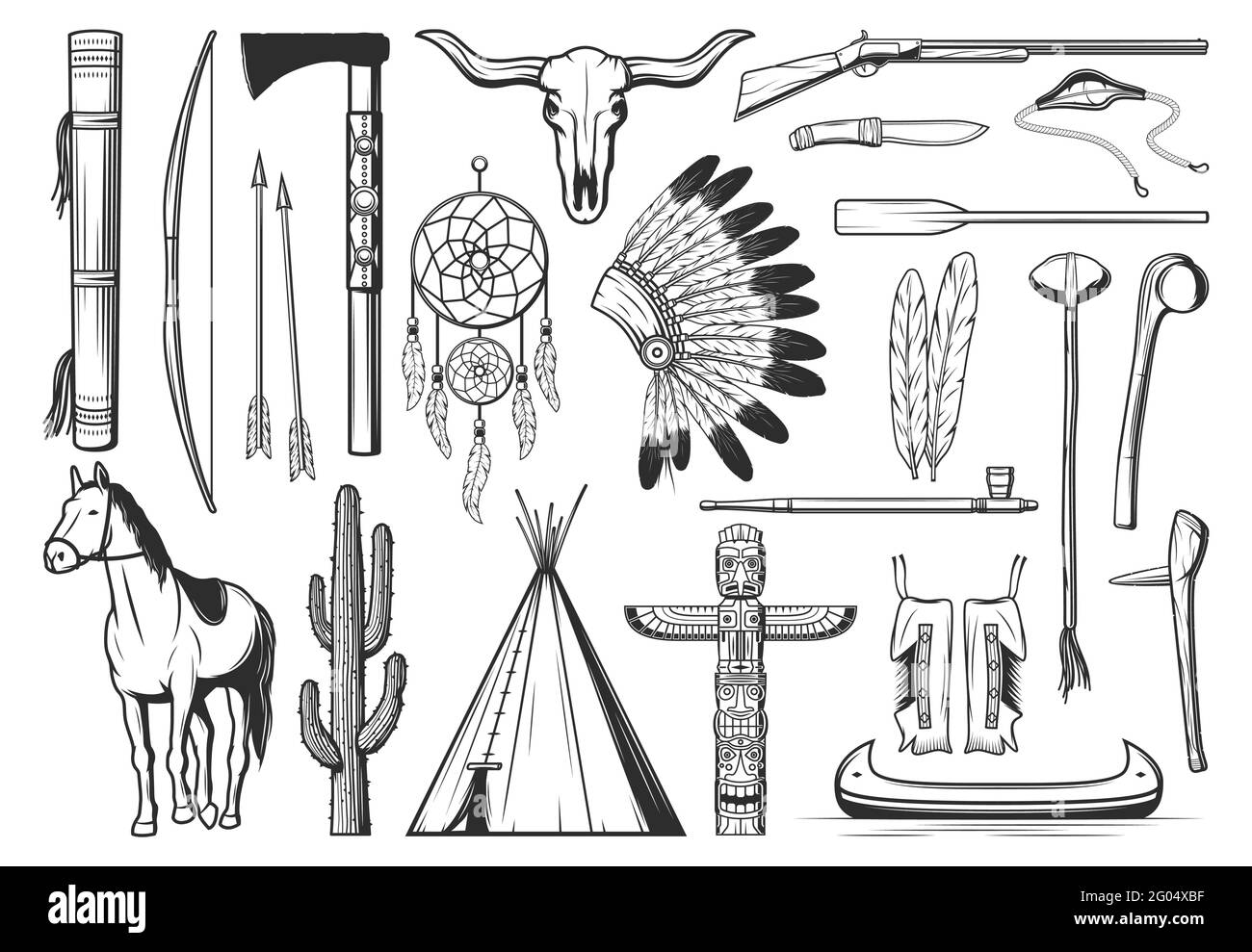 Símbolos de la cultura de los indios americanos. Arco de línea fina, flechas y alcaparador