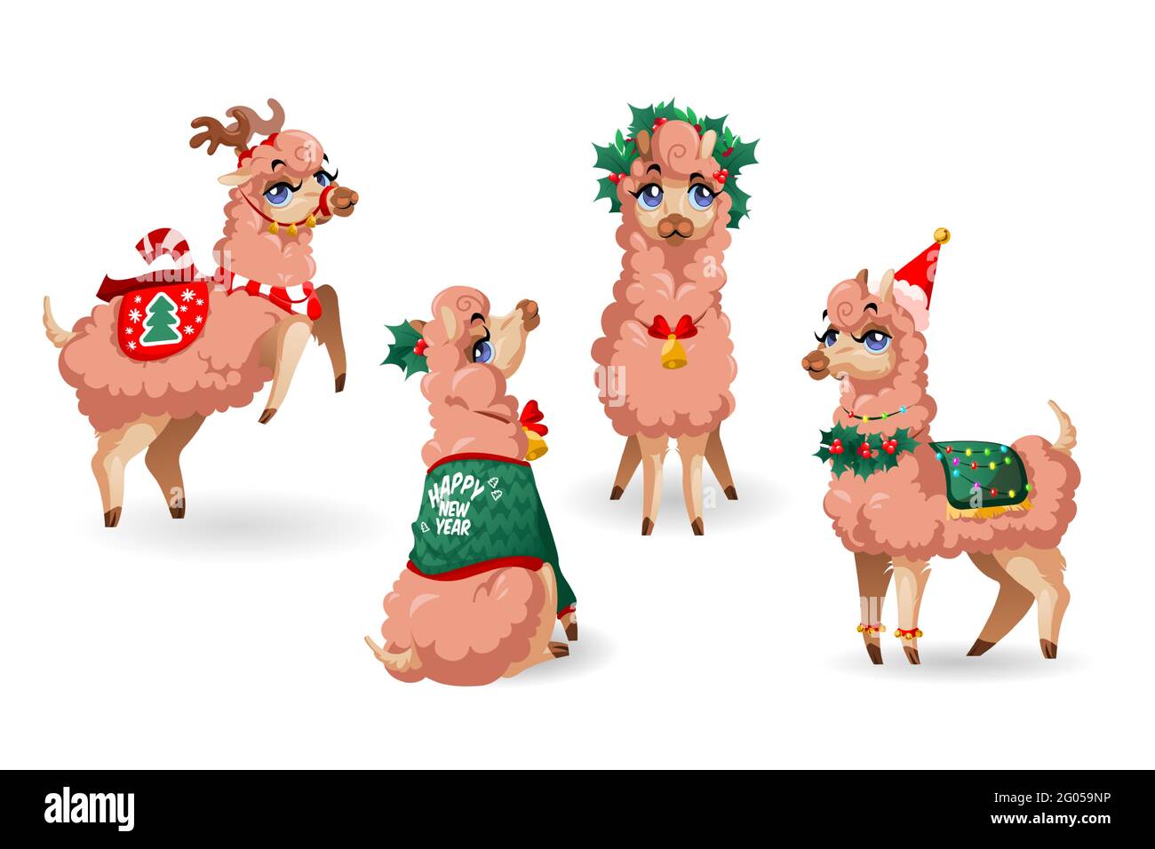 Lindo personaje de llama con decoración de Año Nuevo aislada sobre fondo blanco. Juego de dibujos animados vectoriales de alpaca adorable con hojas de acebo, cuernos de reno y sombrero rojo de Santa. Vicuna con guirnalda de Navidad Ilustración del Vector