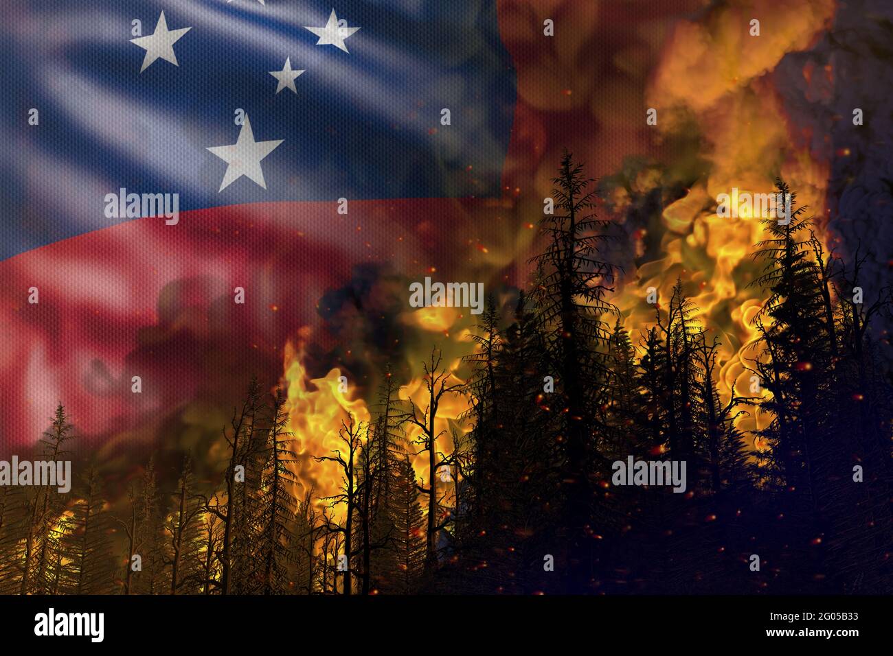 Concepto de desastres naturales de incendios forestales - fuego infernal en el fondo de la bandera de woods en Samoa - 3D ilustración de la naturaleza Foto de stock