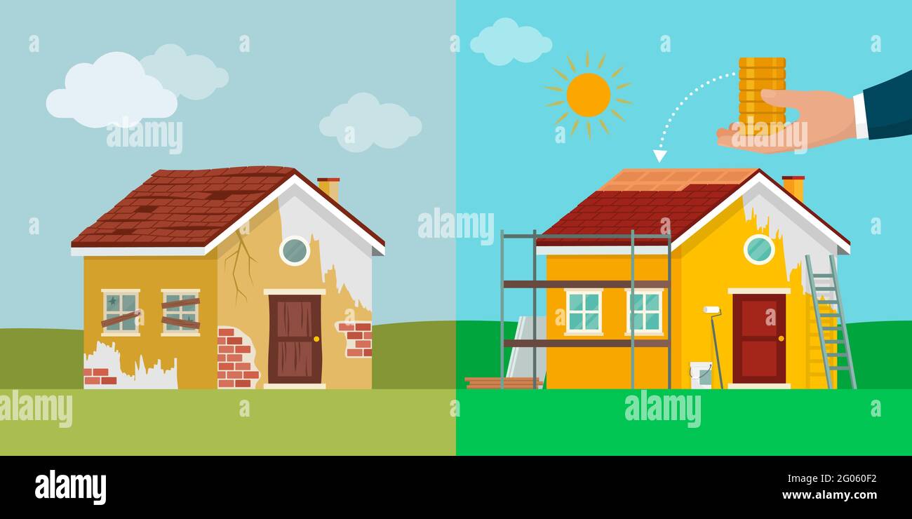 Renovación e inversiones en el hogar, renovación del hogar antes y después Ilustración del Vector