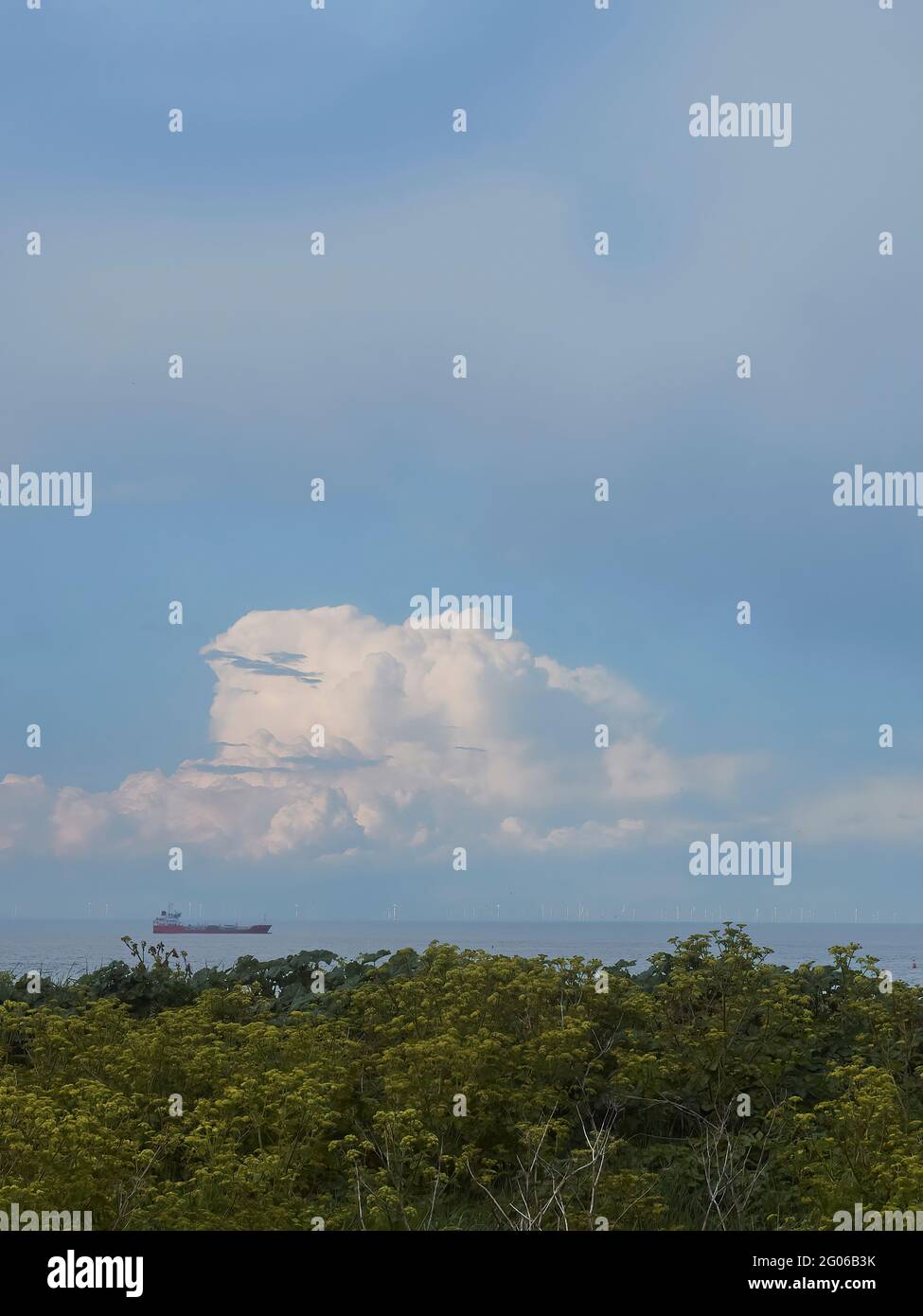 Un enorme cielo y una intrincada nube eclipsando a un barco de carga y ganar la granja debajo, detrás de un parche de planta cubierta acantilado. Foto de stock