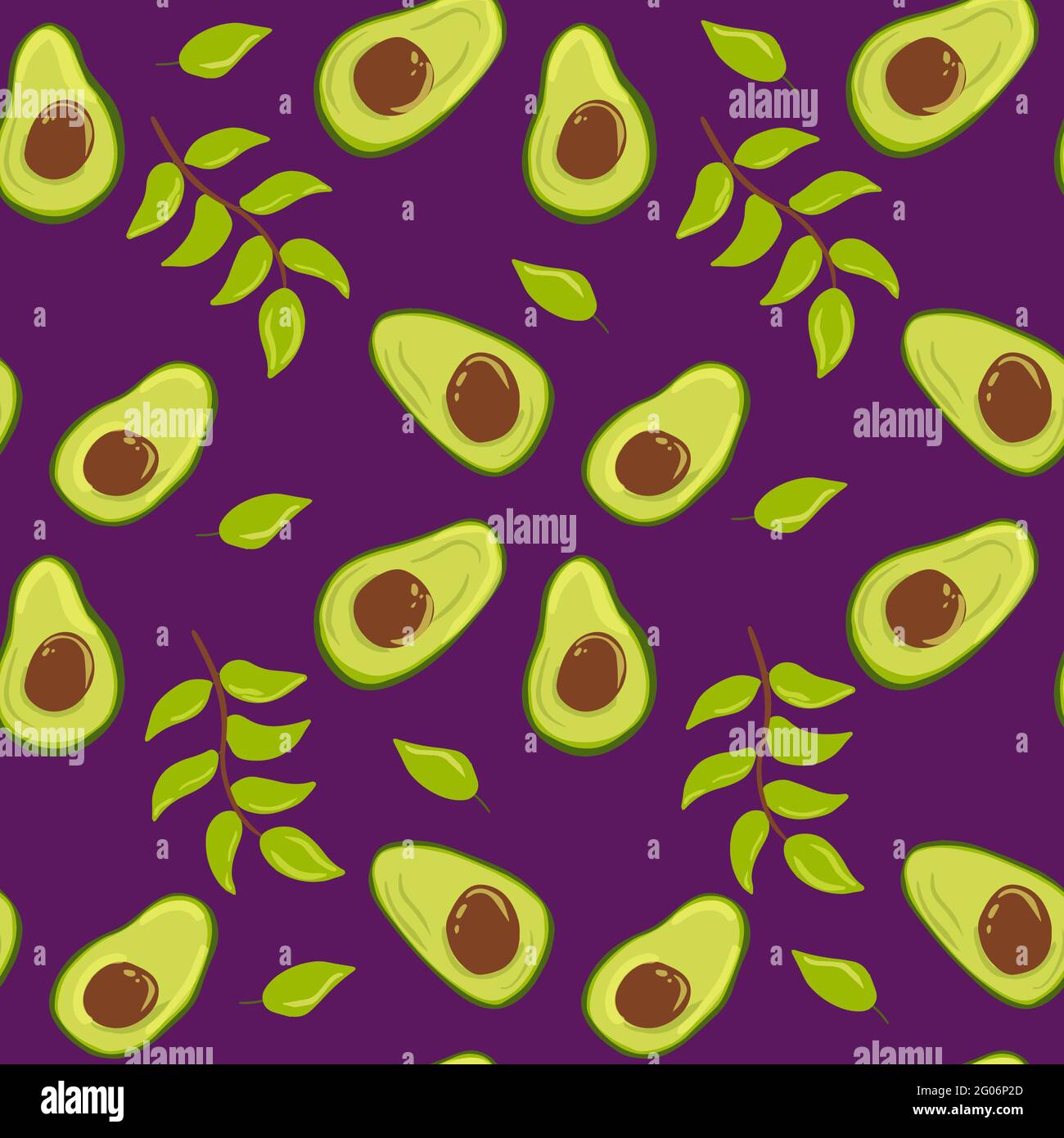 Aguacate sin costuras con hojas y ramitas. Fondo morado. Fruta exótica. Ilustración vectorial