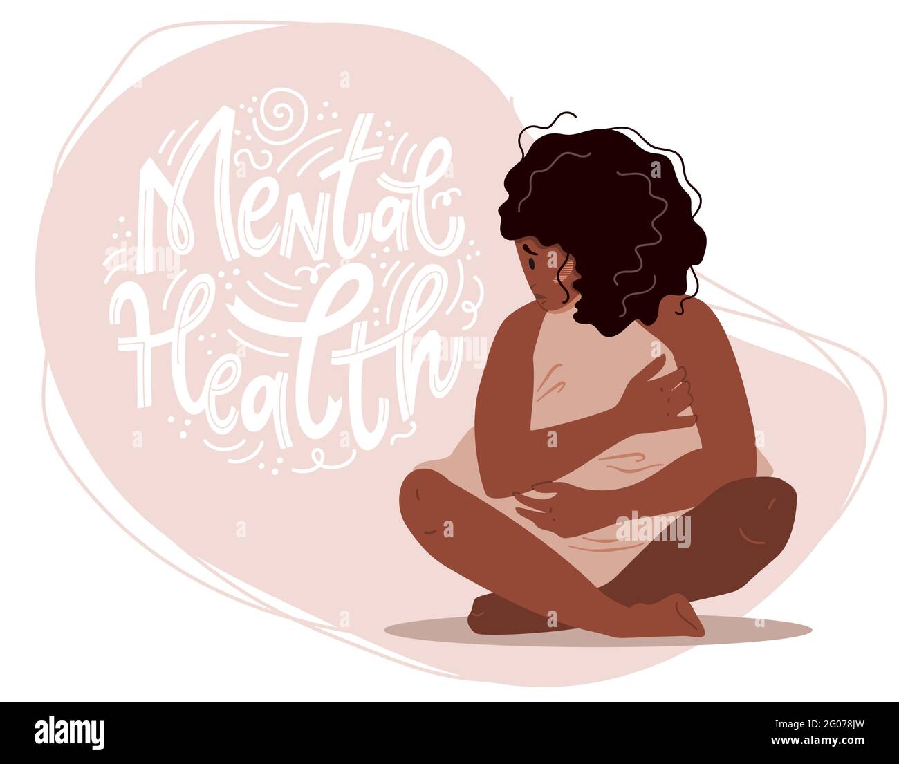 Concepto de salud mental. Mujer triste con depresión sentada en el suelo. Ilustración de vectores de colores en estilo de dibujos animados planos. Ilustración del Vector