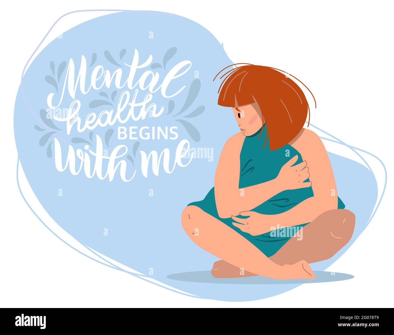Concepto de salud mental. Mujer triste con depresión sentada en el suelo. Ilustración de vectores de colores en estilo de dibujos animados planos. Ilustración del Vector