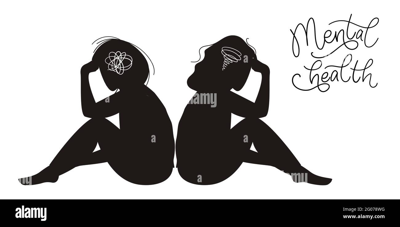 Concepto de salud mental. Silueta de mujeres tristes con depresión sentada en el suelo. Ilustración de vectores de colores en estilo de dibujos animados planos Ilustración del Vector
