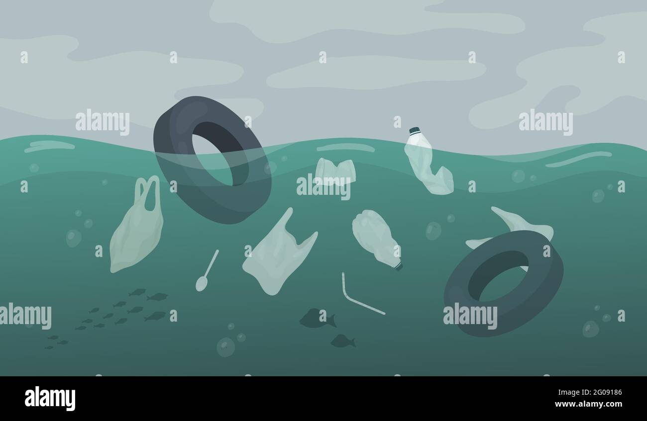 Contaminación de desechos plásticos flotando en aguas sucias del mar o del  río, ilustración de vectores del día del medio ambiente. La basura de  neumáticos de coches de dibujos animados, bolsas de