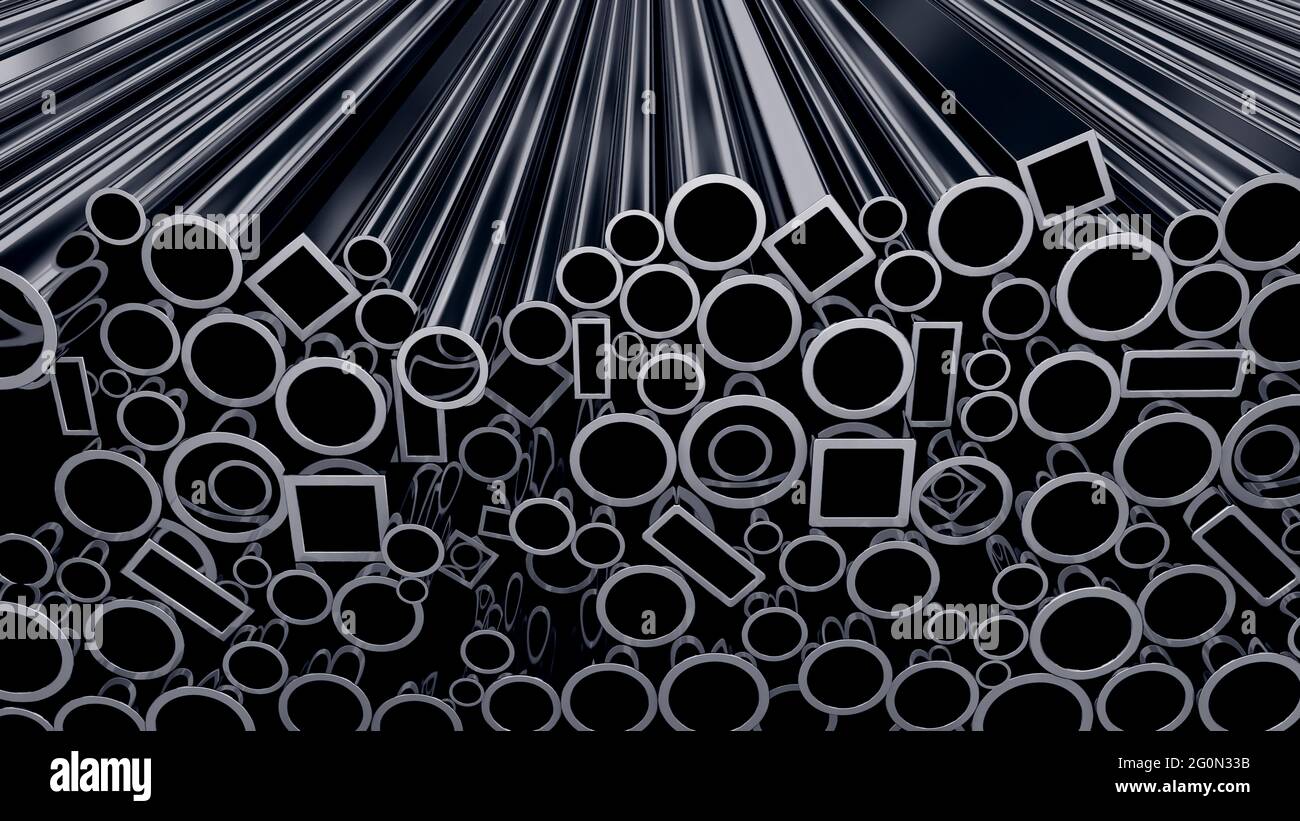 Pila de tubos de acero negro sobre fondo negro. Concepto de industria metalúrgica Foto de stock
