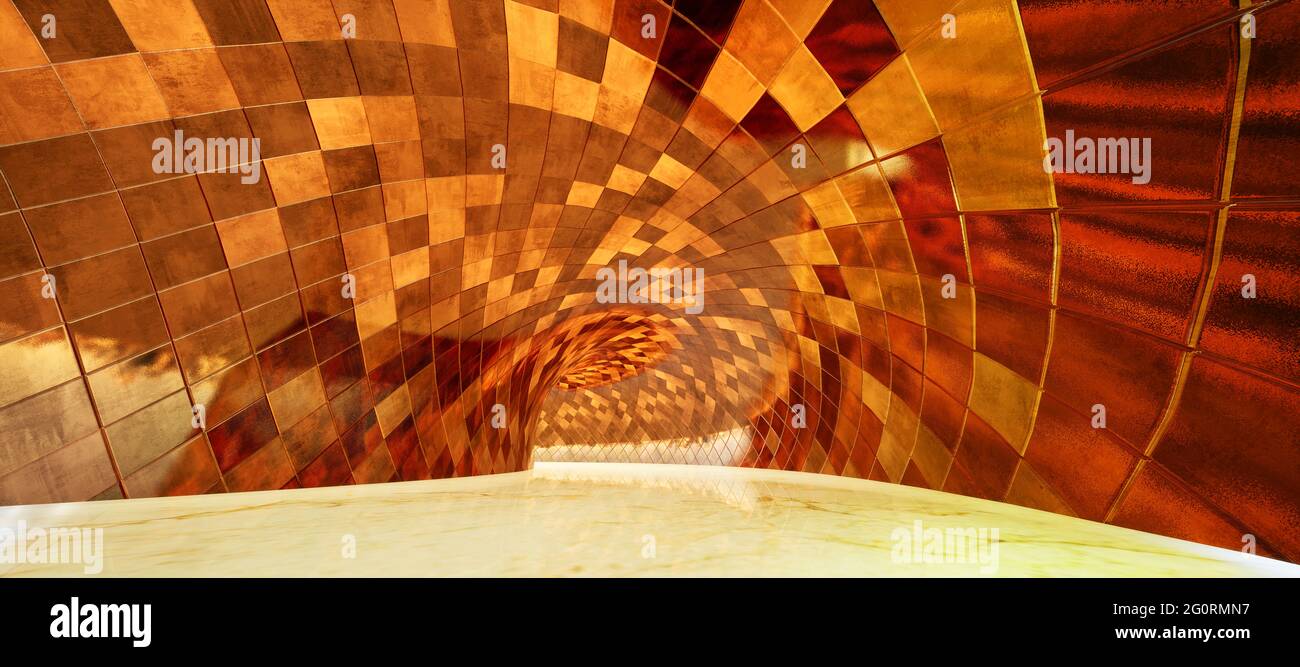 Fondo panorámico abstracto y colorido: Túnel de metal cooper. (Placa trasera para coche, ilustración generada digitalmente por el ordenador de representación 3D). Foto de stock