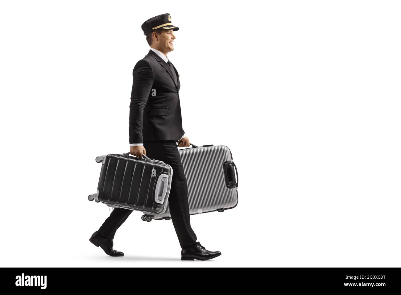 Perfil completo de un cargador en un uniforme caminando y llevando maletas  aisladas sobre fondo blanco Fotografía de stock - Alamy