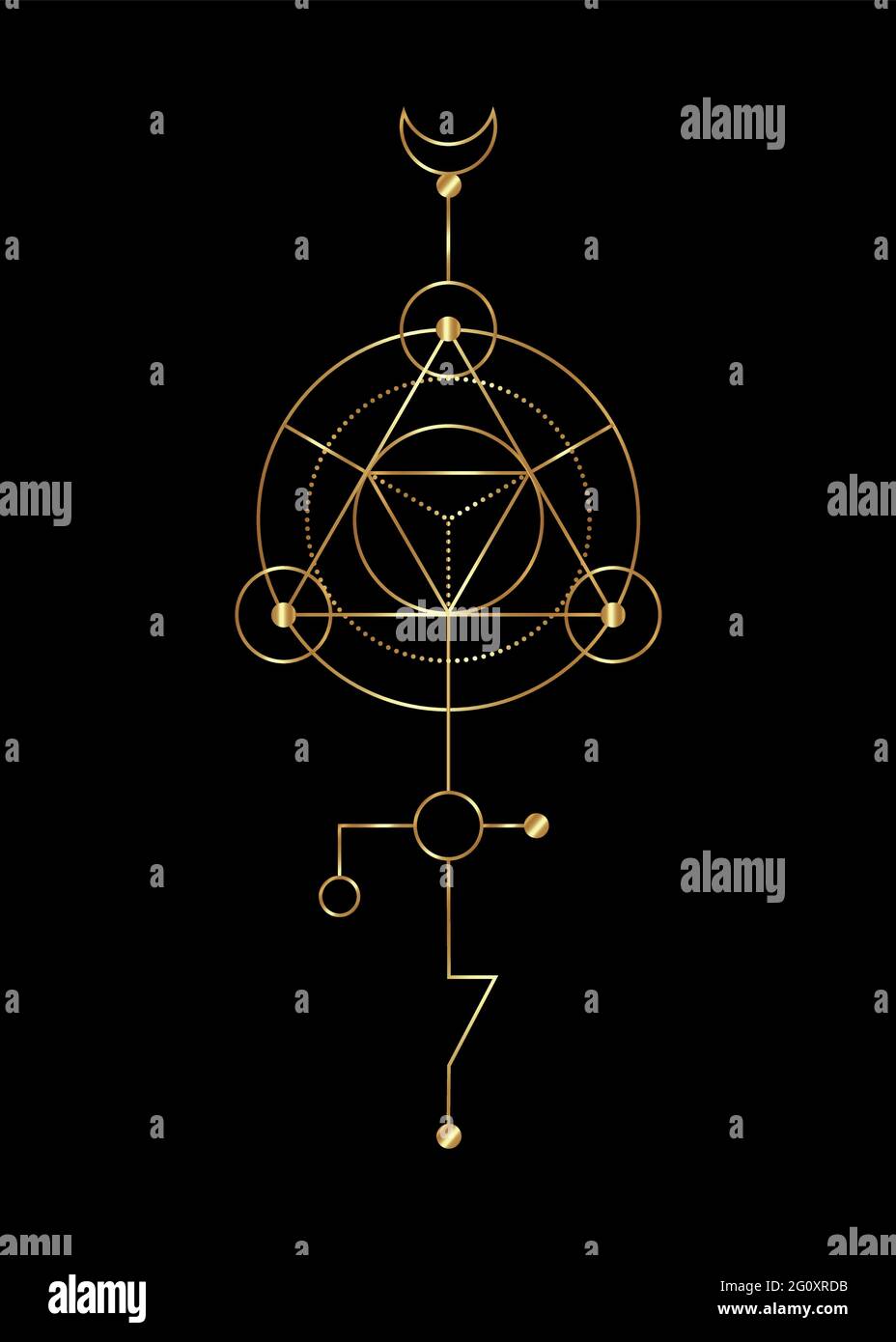 Geometría sagrada signos místicos abstractos. Merkaba forma de triángulo geométrico de línea delgada, símbolos esotéricos o espirituales, aislados sobre fondo negro. Oro l Ilustración del Vector