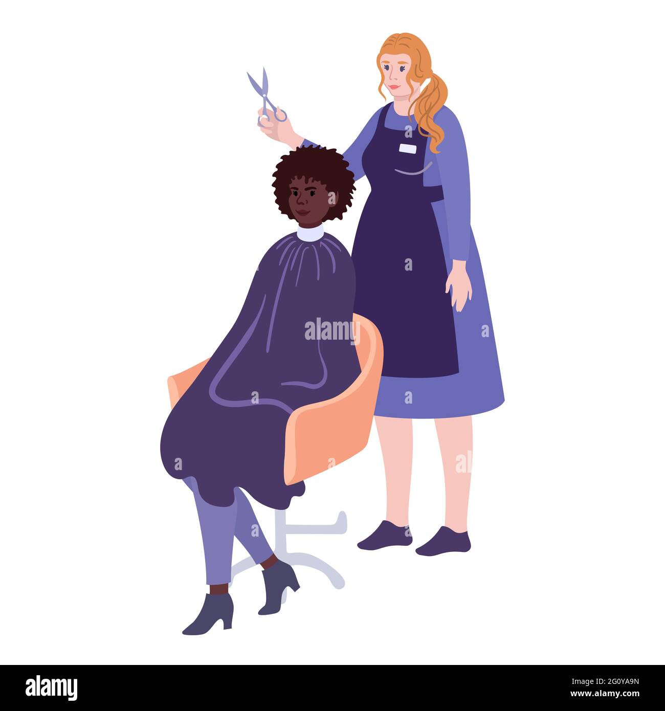 Peluquería en el trabajo. La mujer del estilista corta el pelo joven africano-americano que se sienta en la silla. Gente en barbershop - vector aislado Ilustración del Vector