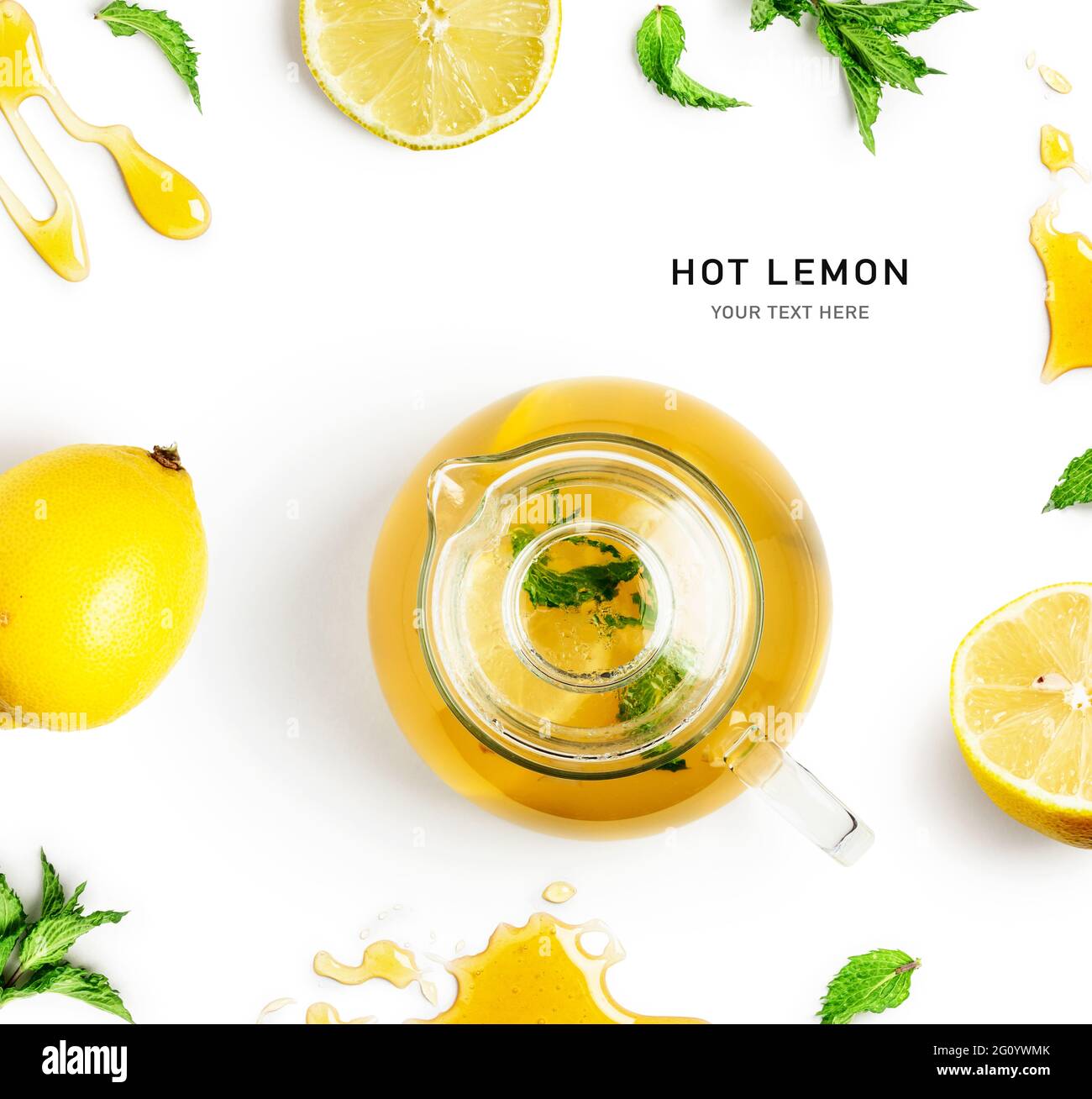 Limón caliente. Tetera con menta, limón y miel. Ingredientes del té diseño creativo aislado sobre fondo blanco. Concepto de alimentación saludable y remedio casero. Foto de stock