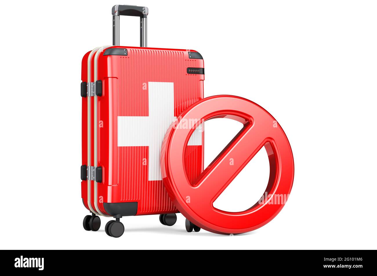 Prohibición de entrada en Suiza. Maleta con bandera suiza y señal de  prohibición. 3D Representación aislada sobre fondo blanco Fotografía de  stock - Alamy