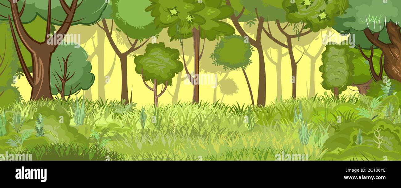 Cubierta de glade en el borde de un bosque de verano ligero. Los árboles en la hierba. Estilo de dibujos animados planos. Paisaje rural con densos.. Matorrales amarillos Ilustración del Vector