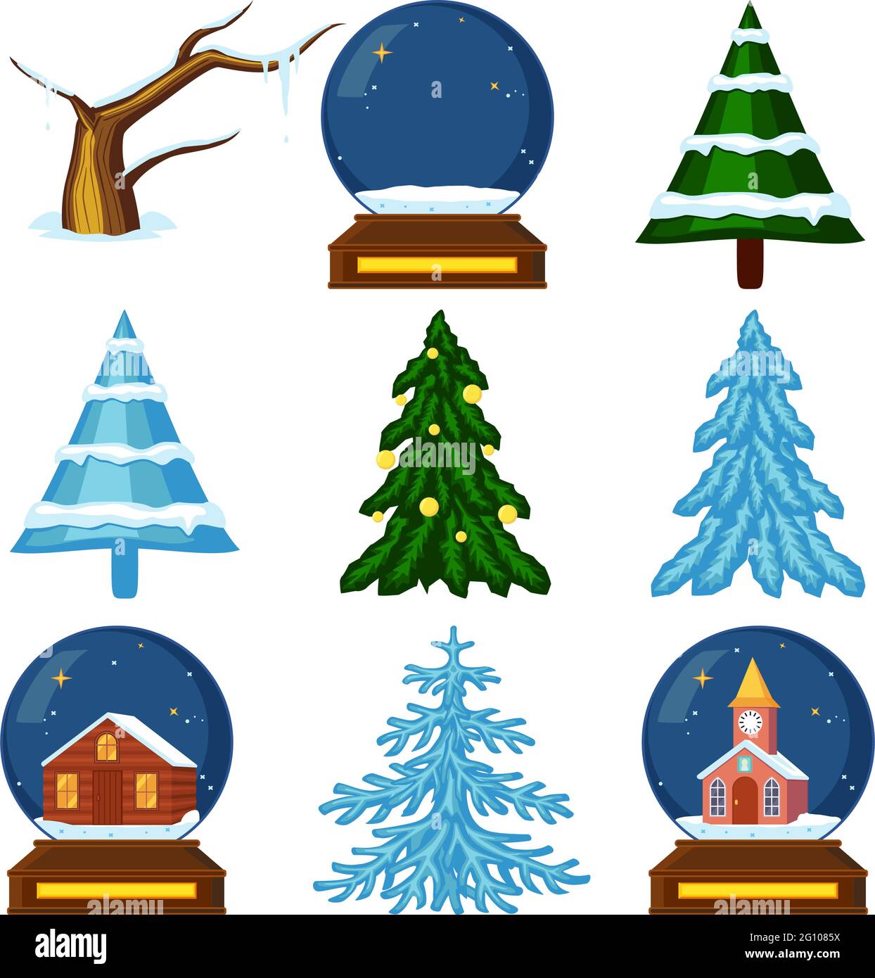 Colorido juego de dibujos animados de árboles de Navidad y bolas de vidrio. Accesorios de vacaciones de invierno para decoración de fiestas. Ilustración del vector del tema de Navidad para la pegatina, Colorido juego de dibujos animados de árboles de Navidad y bolas de vidrio. Accesorios de vacaciones de invierno para decoración de fiestas. Ilustración del vector del tema de Navidad para la pegatina,