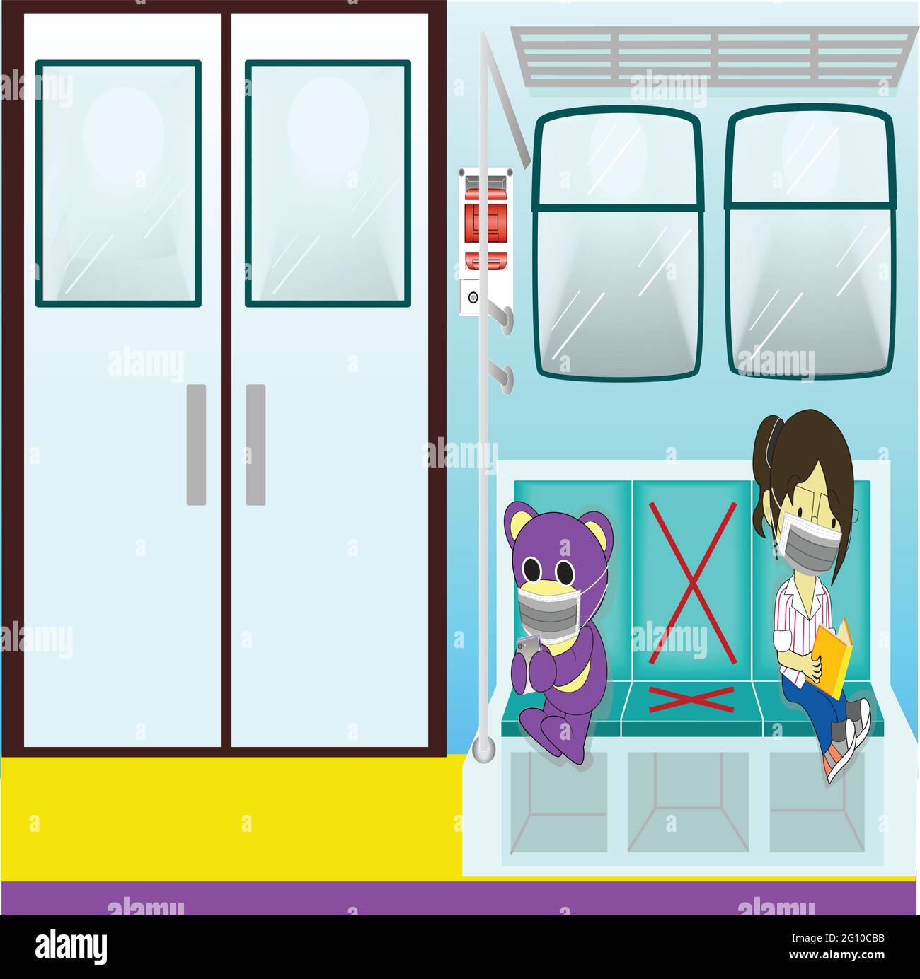 Mr.Púrpura oso con amigo sentarse en el tren por la manera social distanciando Ilustración del Vector