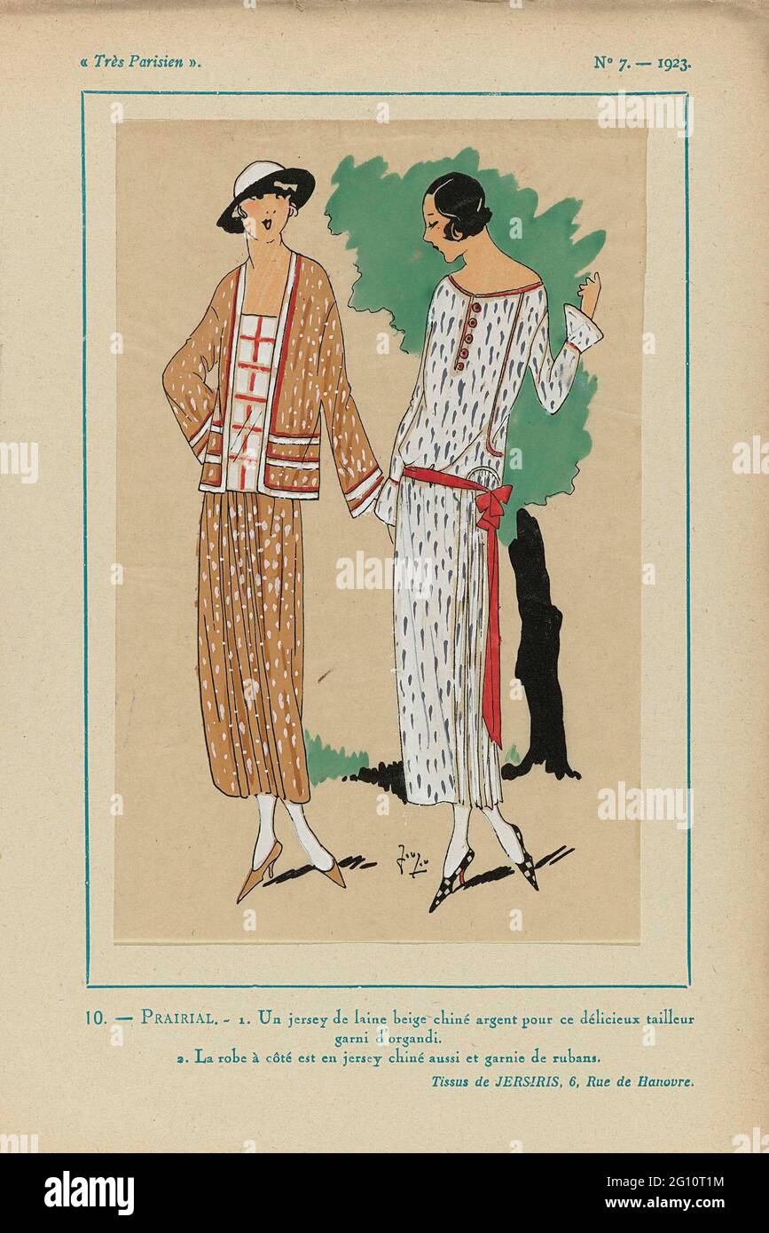 Très Parisien, 1923, No 7: 10.- Prairial. - 1. Un Jersey de Laine Beige  .... 1. Un waistleur (traje de manto) de punto de lana beige 'Chiné Argent'  (manchas de color plata?),