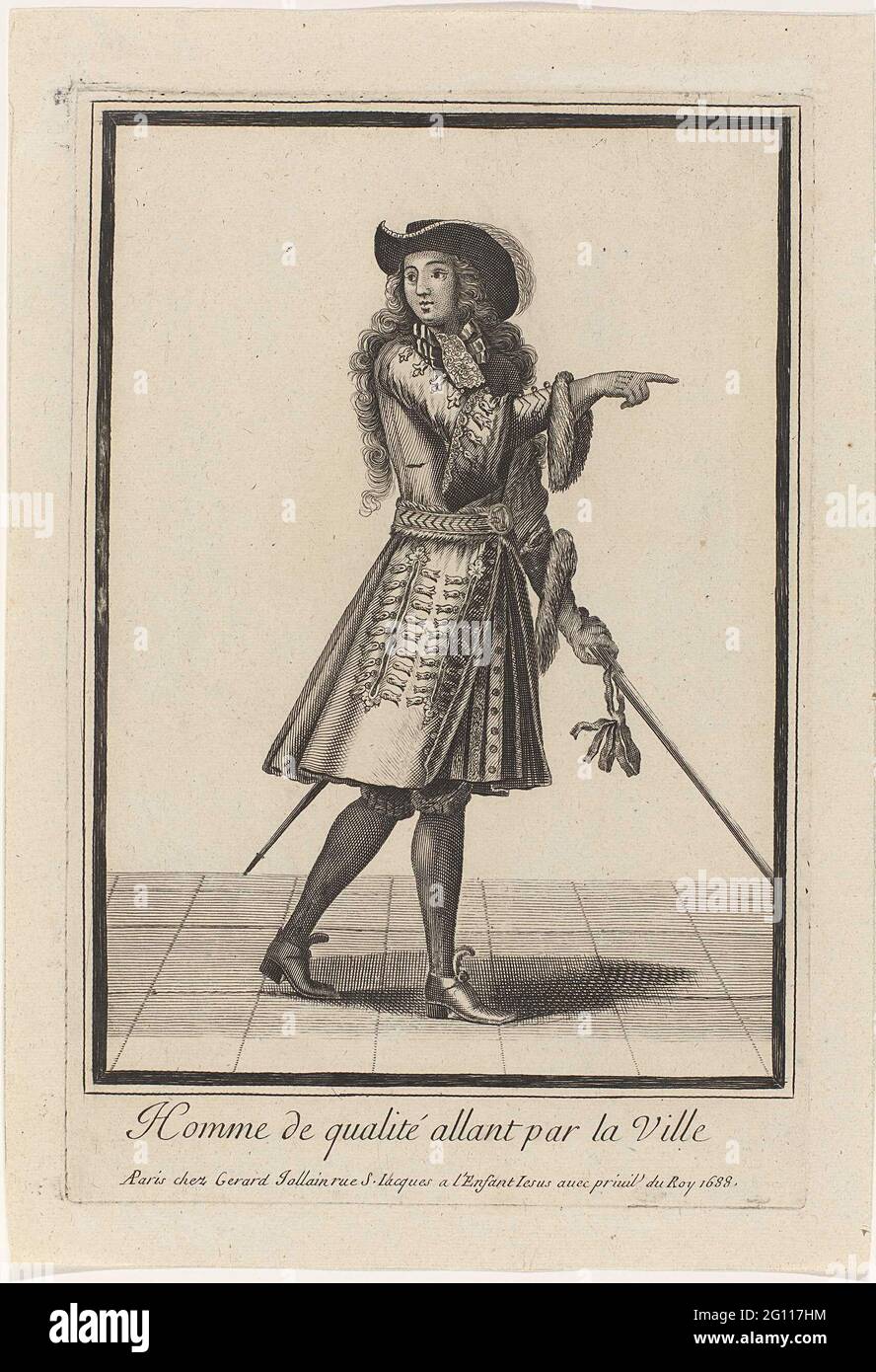 Homme de Qualité Allant Par La Ville; joven líder caminando por la ciudad.  Hombre joven vestido en un cuerpo de justicia, chaleco (kamizool) y  pantalones de rodilla. Sombrero en el alonchapper. Zapatos