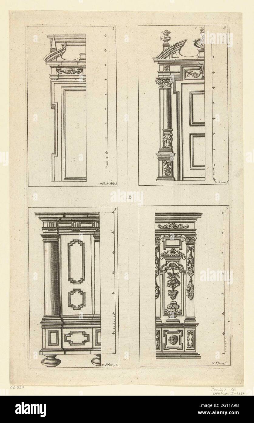 Diseños para portales de puertas y armarios; Neues Zierahten Büchlein von Syscreen. Número 2 a 5. Los números 2 y 3 son diseños para portales de puertas, los números 4 y