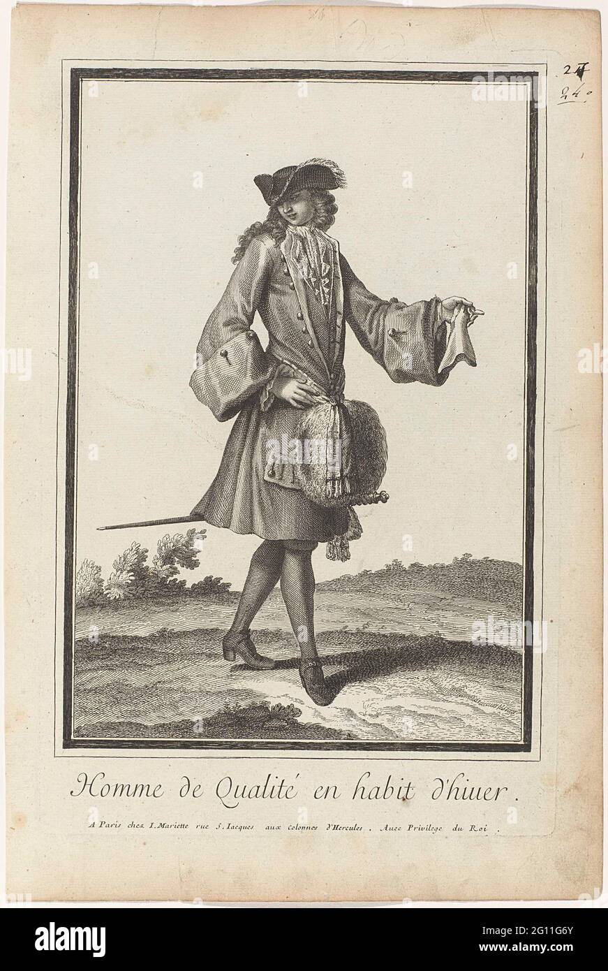 Homme de Qualité y Habit d'Hiver; hombre líder en ropa de invierno. Un  joven elegante vestido en un Justaucorps con carpetas anchas, cárdigan con  pantalones de caballete y rodilla, medias enrollables y