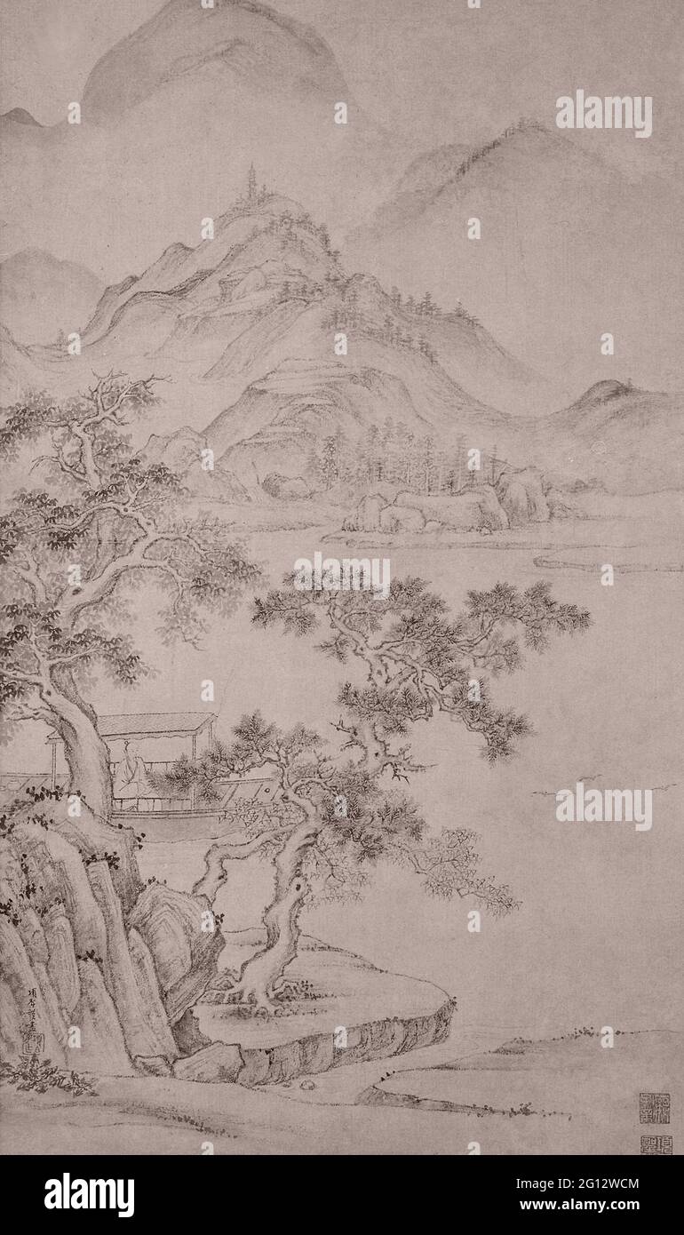 Xiang Shengmo. Paisaje de Río y Montaña - Dinastía Ming (1368 - 1644) - Xiang Shengmo Chinese, 1597-1658. Rollo colgante; tinta sobre papel. 1368 - Foto de stock
