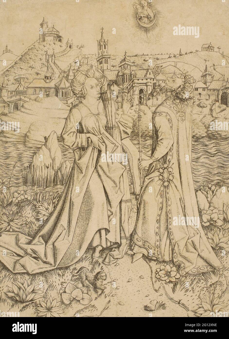 Maestro E.S. Augustus y el Sibyl - c. 1450 - Maestro E. S. Alemán, activo c. 1450-1467. Grabado en negro sobre papel. 1445 - 1455. Alemania. Foto de stock