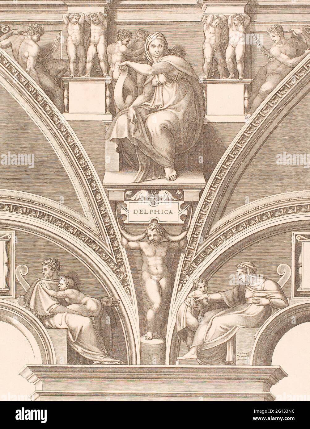 Giorgio Ghisi. El Sibyl Delfico - principios de 1570s - Giorgio Ghisi (italiano, 1520-1582) después de Miguel Ángel (italiano, 1475-1564). Grabado en negro Foto de stock