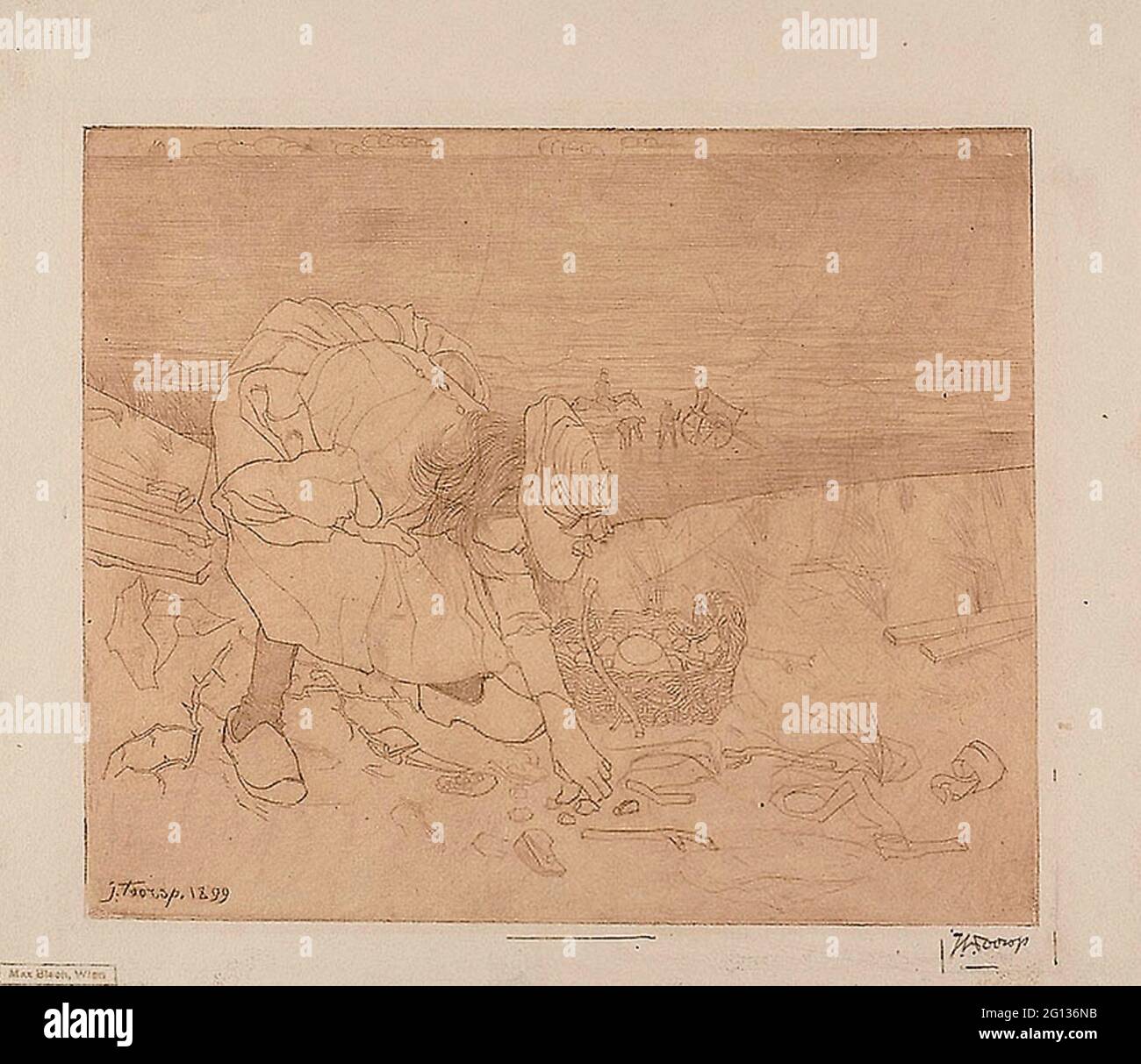 Autor: Jan Toorop. Sprokelend Kind - 1899 - Jan Toorop Dutch, 1858-1928. Coloree el punto seco en naranja sobre papel de paloma de marfil. Holanda. Foto de stock