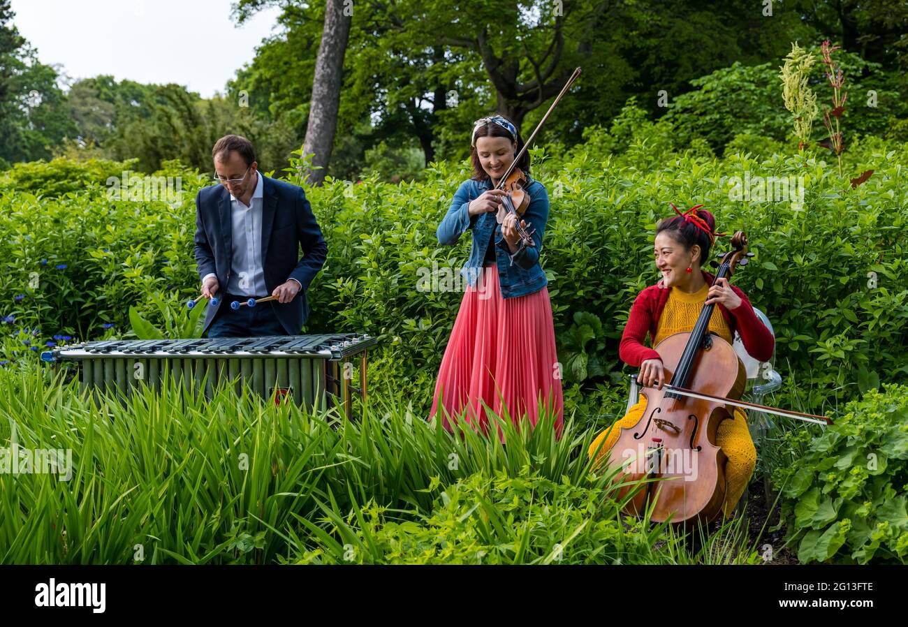Jenna Reid, violín, violonchelista de Su-A Lee y percusionista de Iain Sandilands en el lanzamiento del Festival Internacional de Edimburgo, Royal Botanic Garden, Escocia Foto de stock