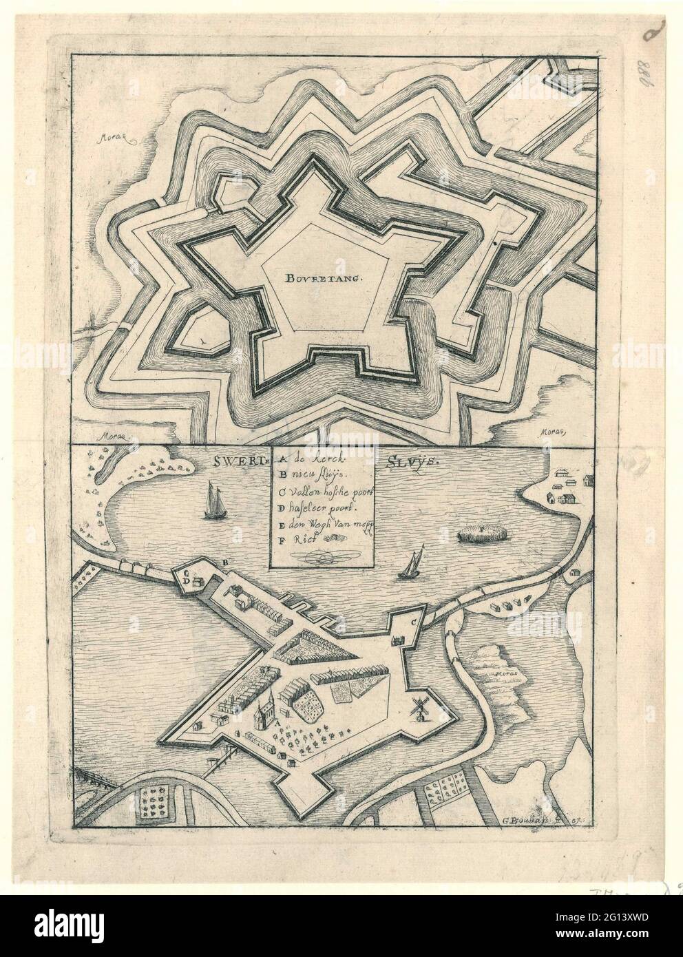 Mapas de las fortalezas en Boertange y Zwartsluis, conquistadas por los franceses o Munstersers, 1672; Doce caras en fortalezas y ciudades bienvenidas por los franceses y el obispo de Munster en 1672; Imagen de ciudades únicas y fortificaciones de la welcke diferente soo gewnen como entregado a su seno majesteyt van Vranckerijk lodovicus XIV ende aen sijn spleighijke den obispo de Munster Christophori Bernardus van Galen. Anno 1672. Planos de las fortalezas en Boertange y Zwartsluis. Esta impresión forma parte de un grupo de doce grabados, en su mayoría elegidos y emitidos por Gaspar Bouttats, con caras en Foto de stock