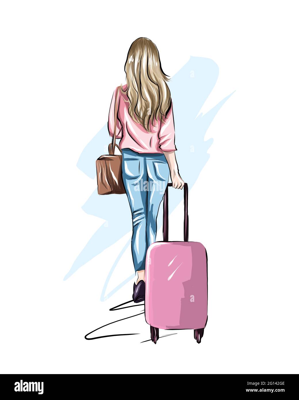 Hermosa mujer joven con maleta. Viaja chica con estilo, dibujo en color,  realista. Ilustración vectorial de pinturas Imagen Vector de stock - Alamy
