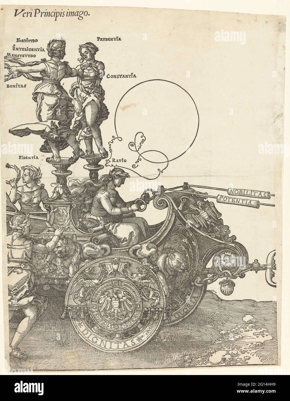 Triumphar del emperador Maximiliano I (segunda hoja), 1519; copias a Dürers Triomfvag para el emperador Maximiliaan I, publicado en Amberes en 1545 por la viuda de Cornelis Liefrinck; Triumphalis su Currus Ad Honorem Invictiss. AC Gloriosiss. Principis D. maximiliani Cesis Semper Augusti (...) per Albertum Durer Delineatus. El gran triomfvag en honor del emperador Maximiliaan I a su muerte el 12 de enero de 1519. Segunda hoja con la parte derecha del triunfar con la razón de virtudes y fidias. Copia al original de Albrecht Dürer de 1522. Foto de stock