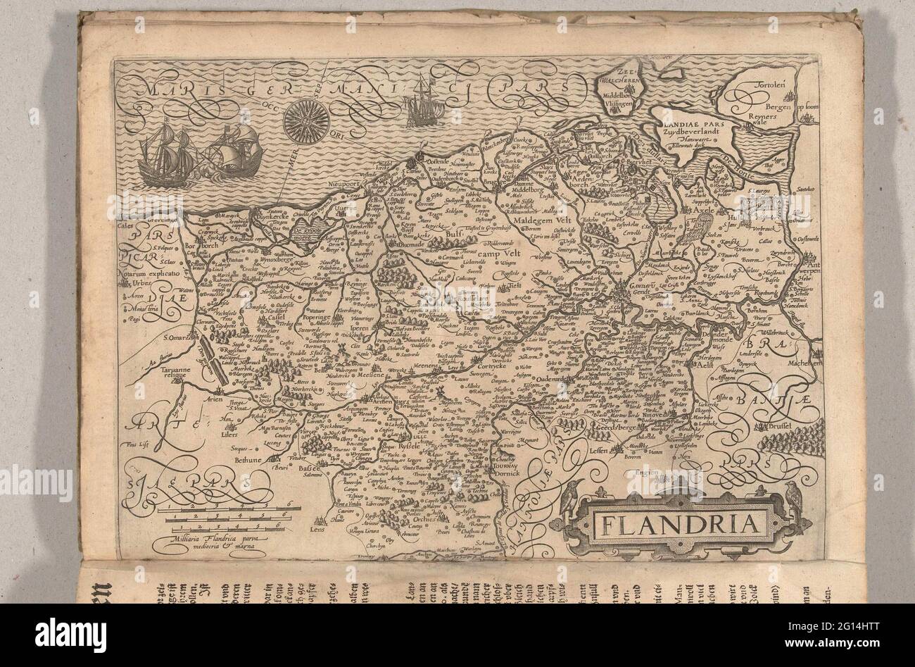 Mapa de Flandes, aprox. 1600; Flandria; Kurthe Greibung der Nechstenden Folders Von Flandersn / Wor Ein Auch von Den Stätten Meldung Gethan Wirt. Mapa de Flandes, con inscripciones y el título en Cartouche en latín, aproximadamente 1600. Parte de un grupo de impresiones añadidas a las ilustraciones de un diario del sitio de Ostende 1601-1604. Foto de stock