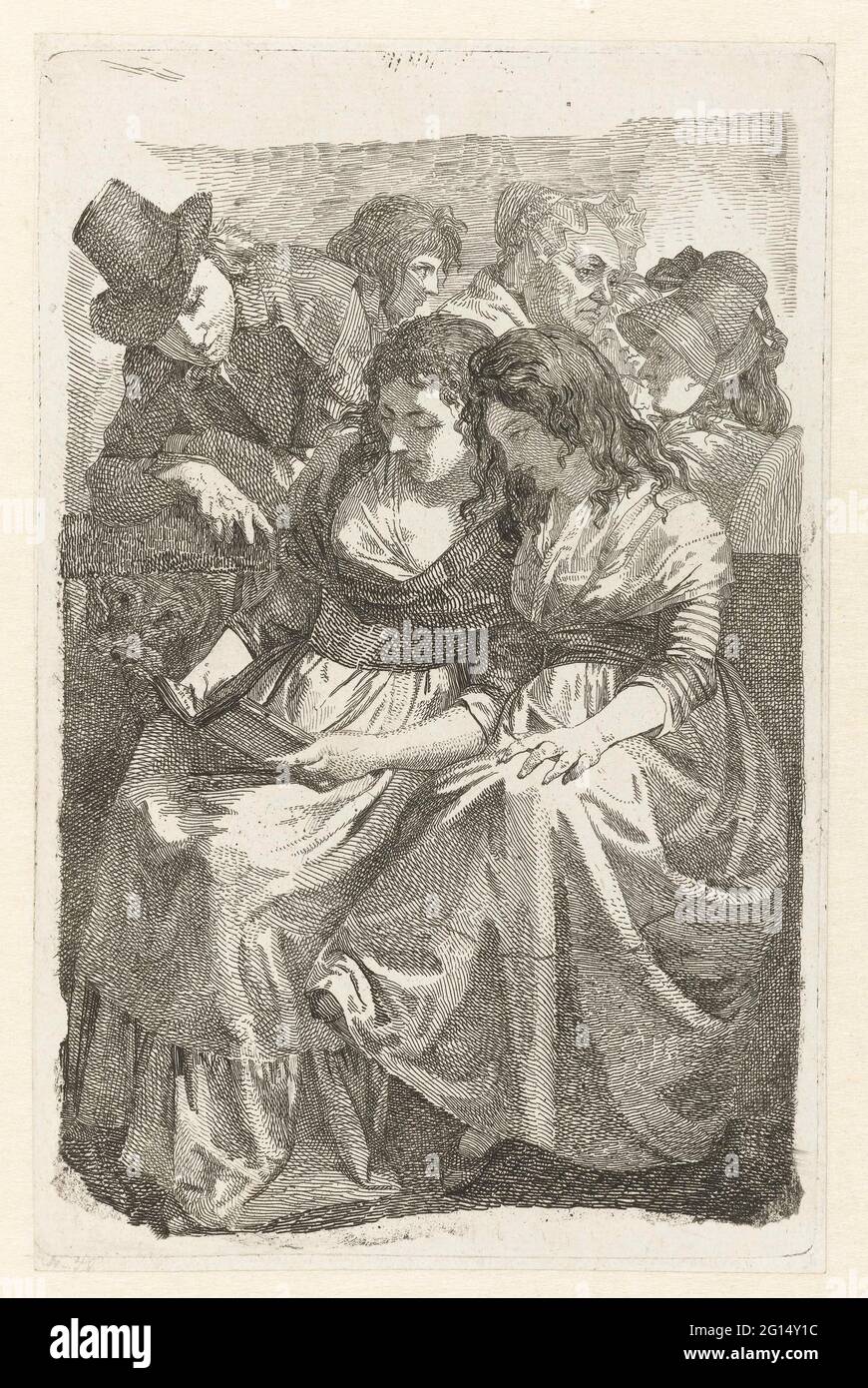 Johann Gottfried Schadow con su familia. El artista, con un sombrero alto en la cabeza, se inclina y mira a lo largo de los hombros de dos señoras de lectura sentadas, respectivamente su hermana Lotte y la familia residente en la familia con la familia. Detrás de ellos está el artista, su madre, su esposa Marianne y los dos hijos Rudolf y Wilhelm. Foto de stock