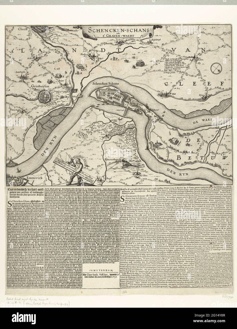 Mapa de Schenckenschans Bestry de Frederik Hendrik, 1635; Schencken-Schans  o S 'graven-Waert; Cort y Bondich Verhael Mitsgaders UNA perfecta imagen AF  del Stercke Fort Geenemt Schenckenschans / Breve y Veritable Descripción y