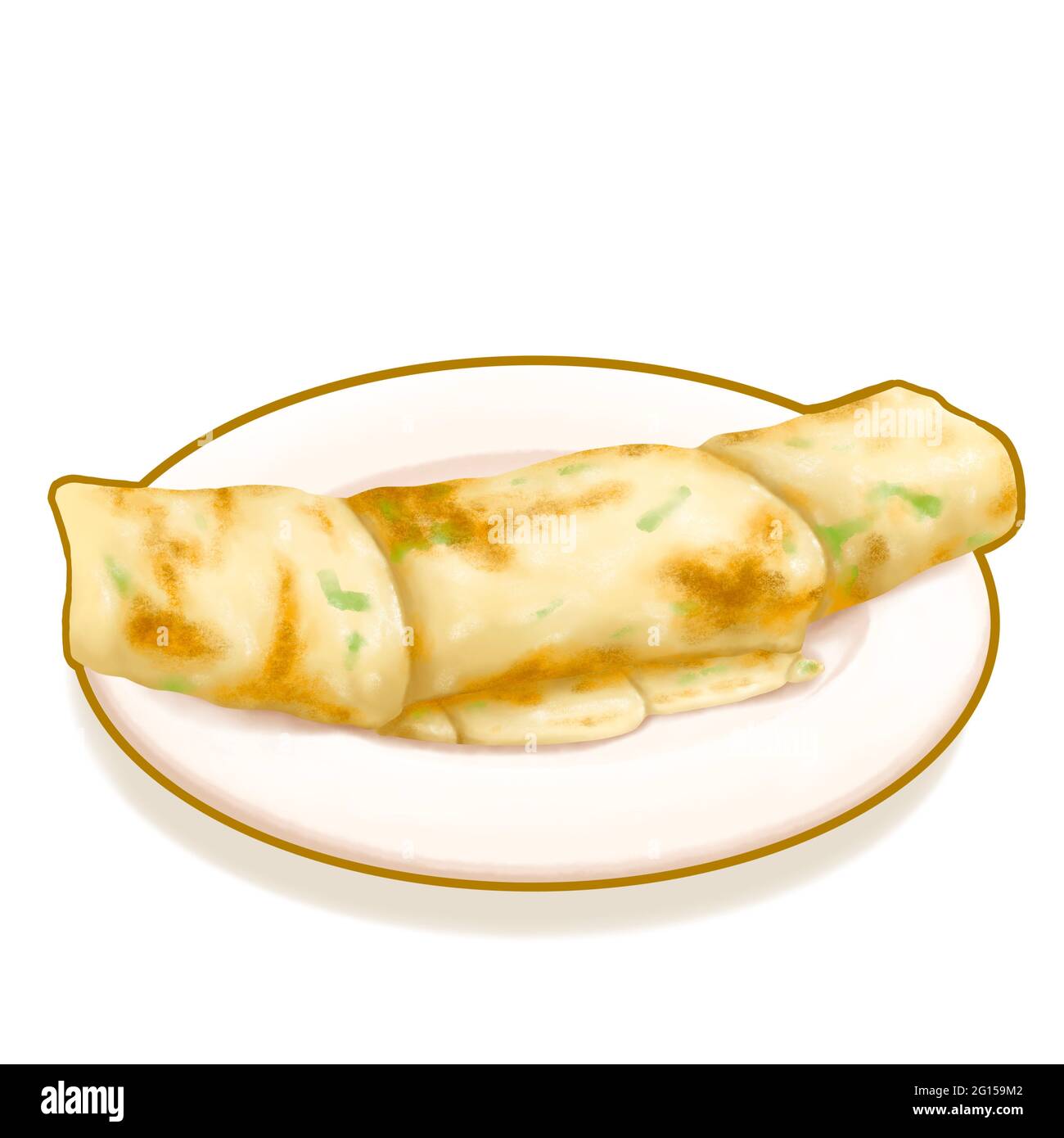 Rollo de ternera panqueque escalonera de Taiwán, una pintura digital de crepe de panqueque frito tradicional taiwanés con cebolleta y carne en el plato ráster 3D illustrati Foto de stock