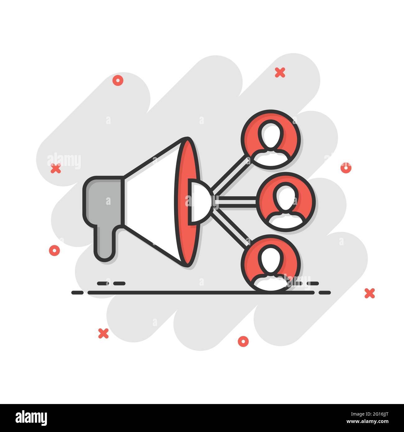 Icono de las redes sociales en estilo cómic. Ilustración vectorial de dibujos animados de marketing sobre fondo blanco aislado. Megáfono con personas efecto de salpicaduras de negocios con Imagen Vector de stock - Icono de las redes sociales en estilo cómic. Ilustración vectorial de dibujos animados de marketing sobre fondo blanco aislado. Megáfono con personas efecto de salpicaduras de negocios con Imagen Vector de stock -