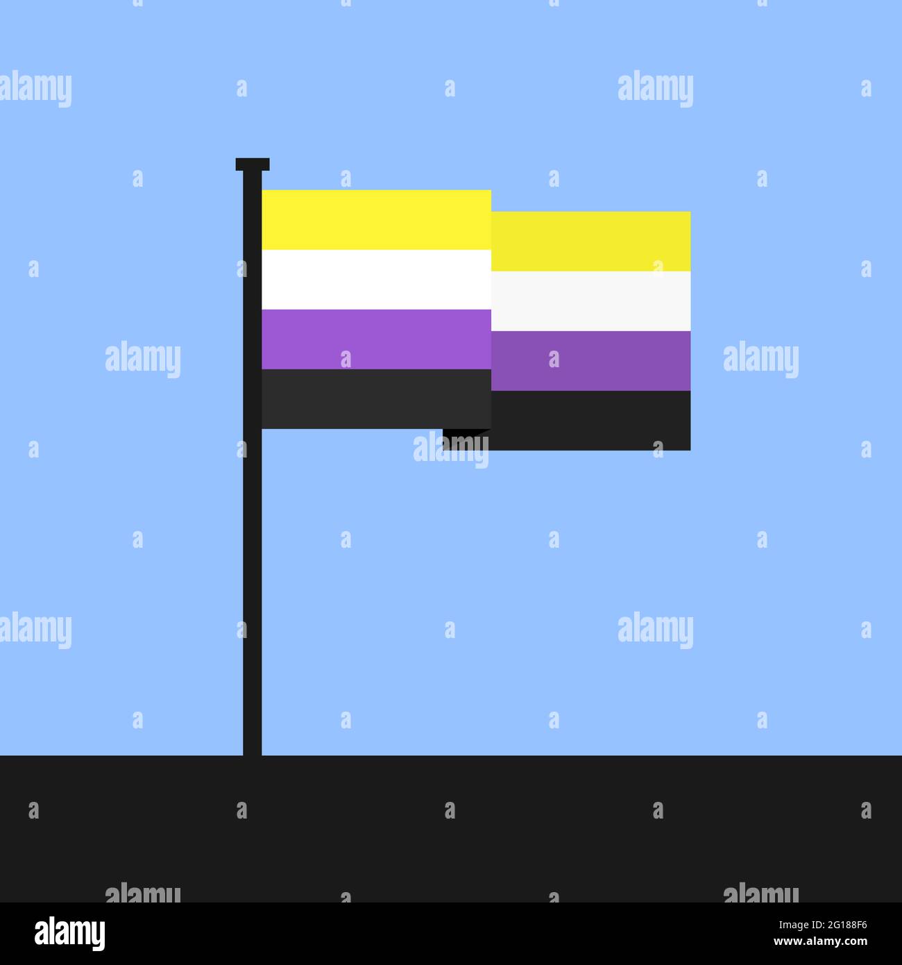 Bandera de sexo no binario y no binario y género sin identidad sexual binaria. Ilustración vectorial de asta de bandera y poste de bandera con bandera ondulada. Foto de stock