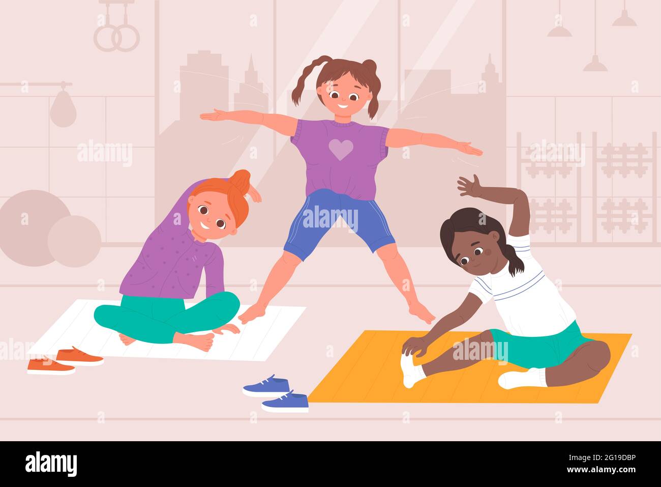 Los niños hacen yoga, ejercicios de deporte físico saludable, ilustración  de vectores de gimnasia. Dibujos animados niños felices personajes estirar  el cuerpo en el entrenamiento de calentamiento en el gimnasio juntos, chica