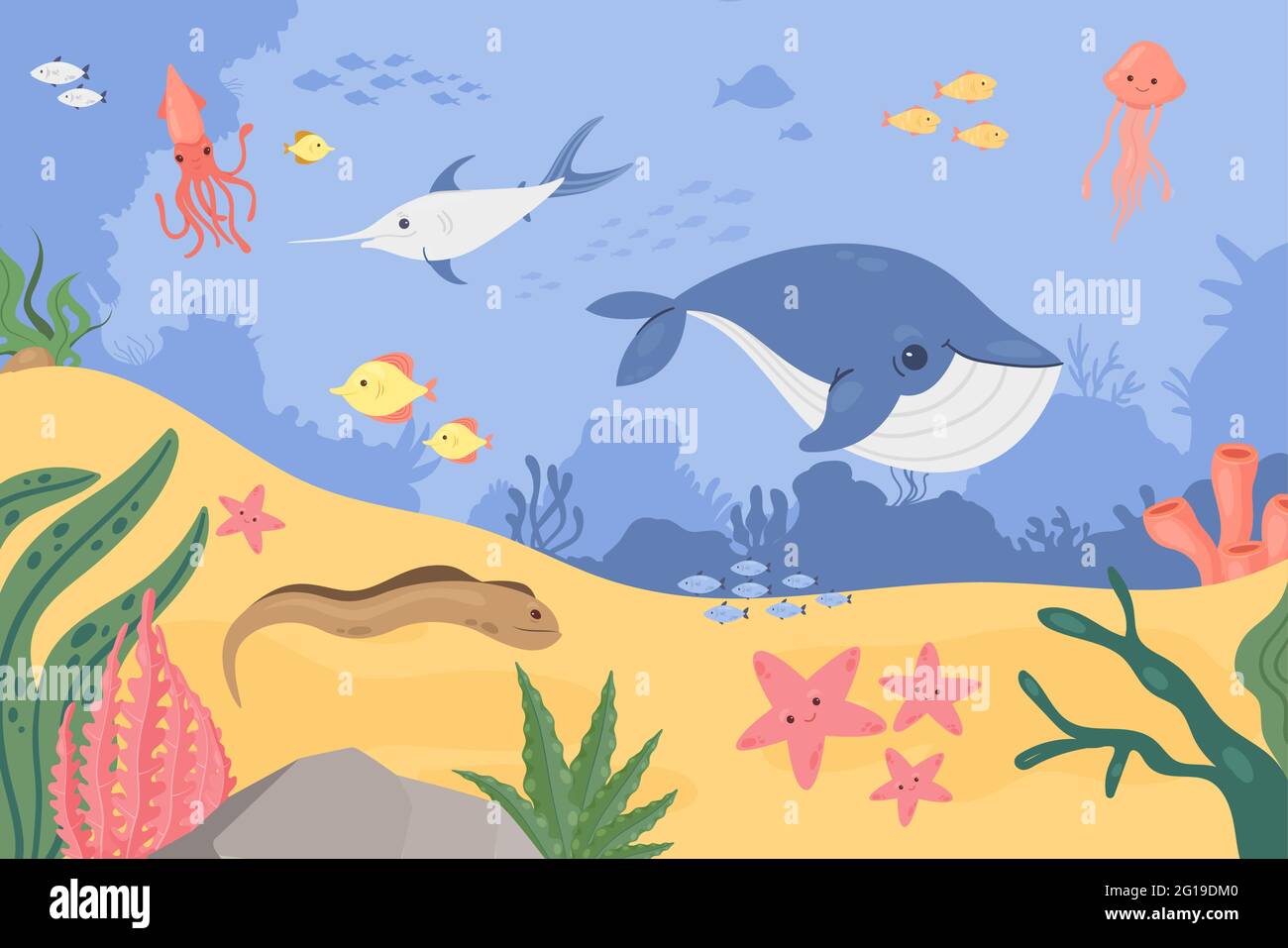 Paisaje marino subacuático, fondo marino con peces animales ilustración  vectorial. Dibujos animados linda fauna submarina, pez espada ballena  calamar anguila atún estrellas nadar en lo profundo del fondo del mar  tropical Imagen