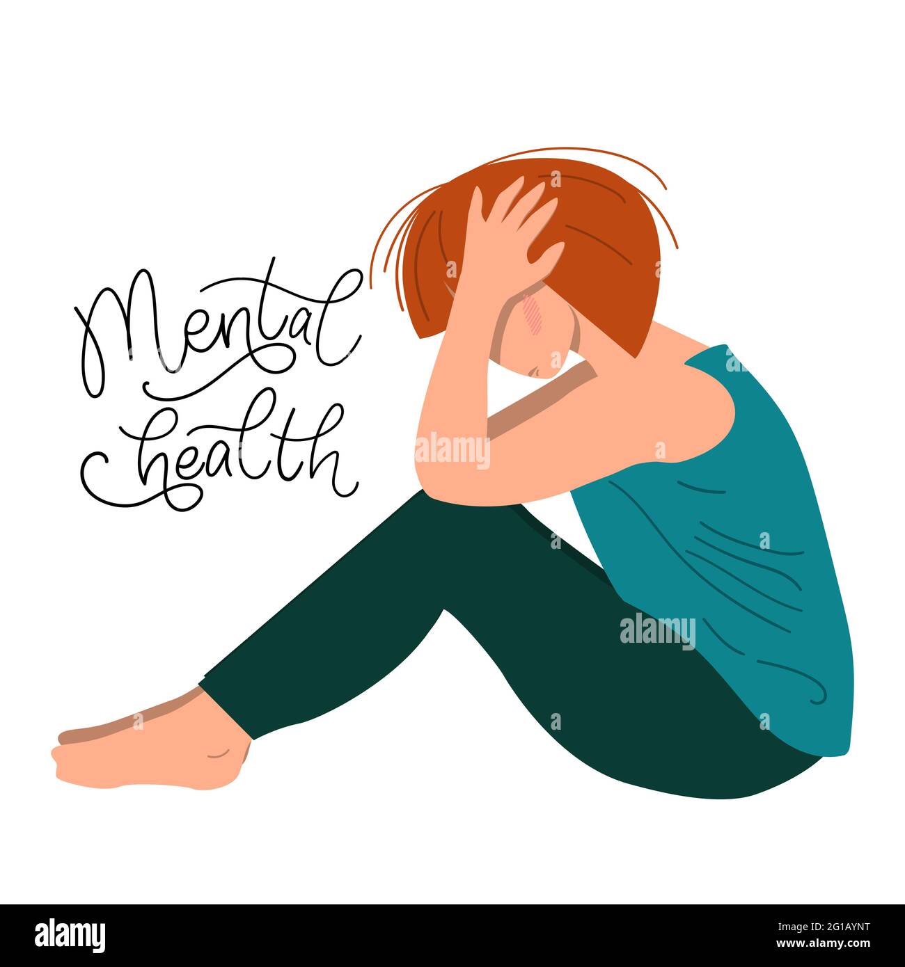 Concepto de salud mental. Mujer triste con depresión sentada en el suelo. Ilustración de vectores de colores en estilo de dibujos animados planos. Ilustración del Vector