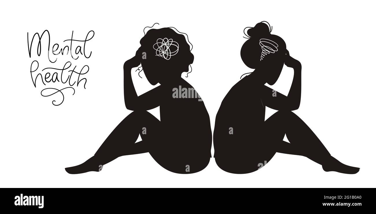 Concepto de salud mental. Silueta de mujeres tristes con depresión sentada en el suelo. Ilustración de vectores de colores en estilo de dibujos animados planos Ilustración del Vector
