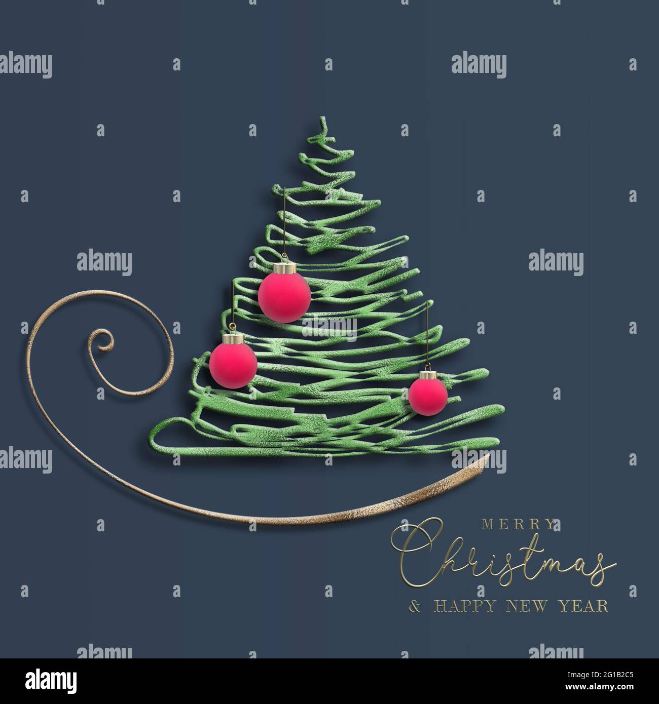 Tarjeta de Navidad de 2022 para Año Nuevo. Resumen Árbol de Navidad, colgando 3D bolas rojas, texto de oro Feliz Navidad Feliz Año Nuevo en azul. 3D tarjetas de felicitación de Navidad. Foto de stock