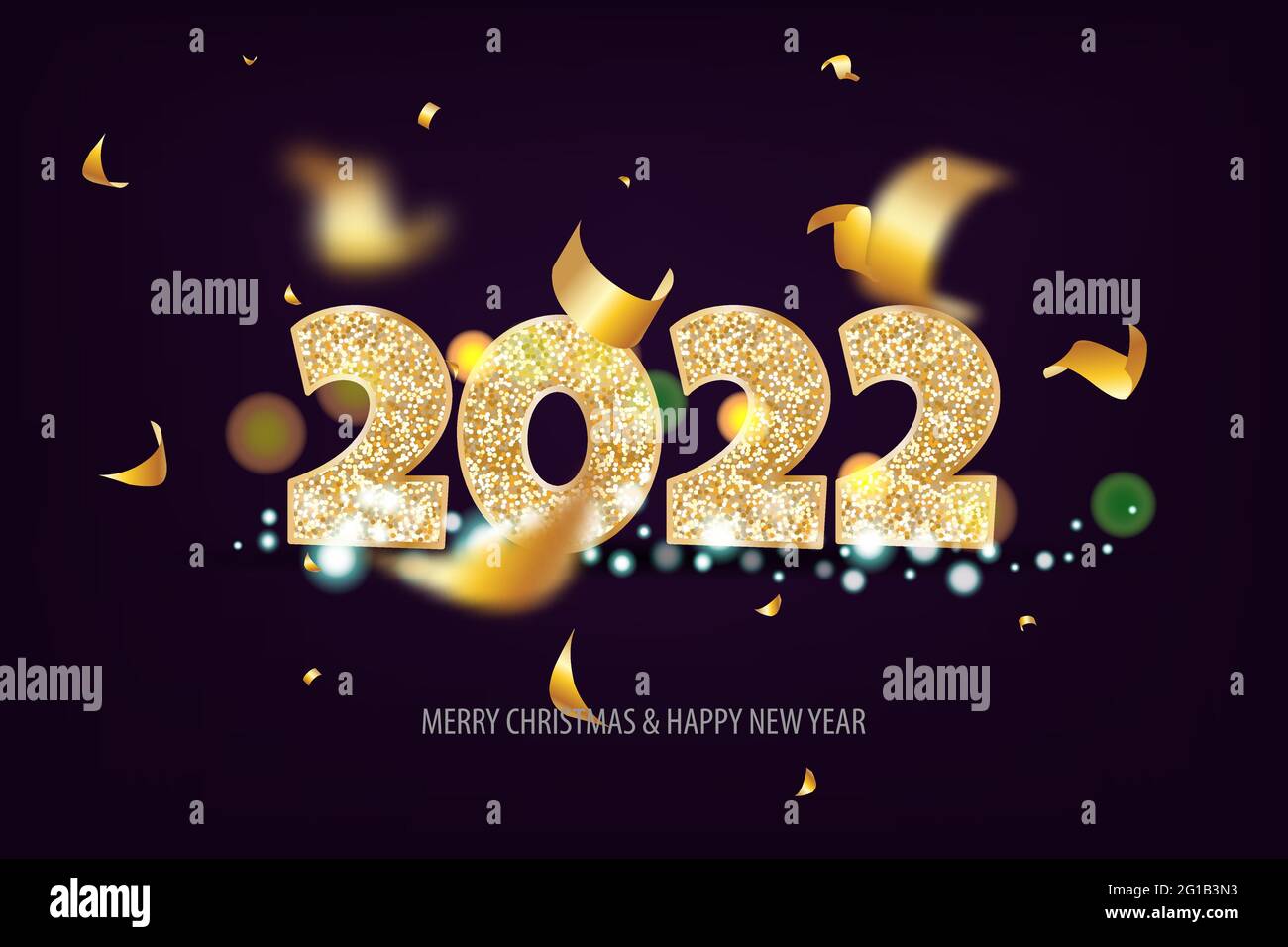 2022 Feliz año nuevo. Texto con letras tradicionales para Feliz Año Nuevo o Feliz Navidad. Fondo de vacaciones con bokeh dorado número 2022. Vector oscuro I Ilustración del Vector