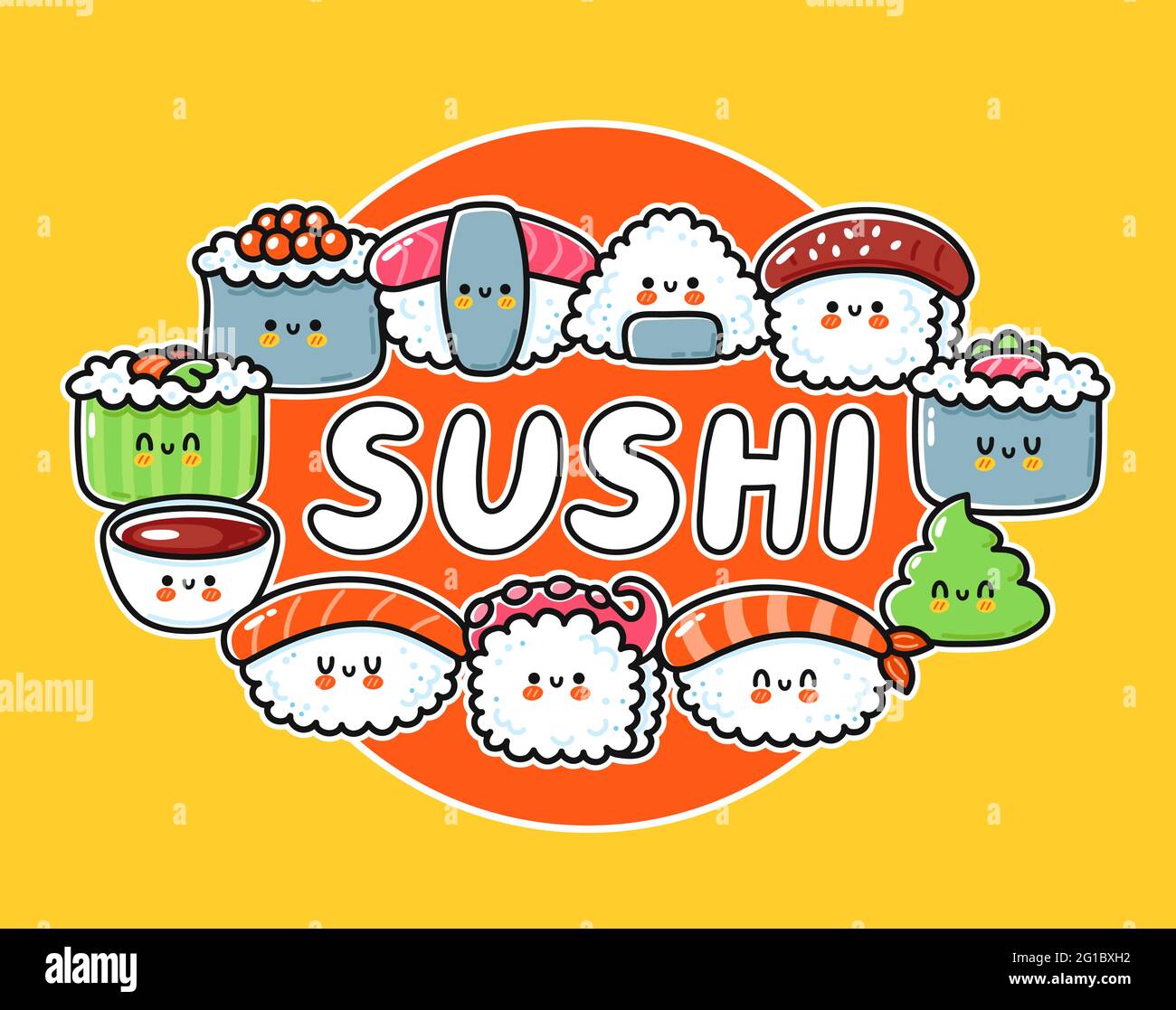 Diseño de logotipo de dibujos animados de sushi. Bonita colección de sushi  divertido. Icono de ilustración de carácter kawaii de línea trazada a mano  vectorial. Plantilla de logotipo de comida asiática, tarjeta