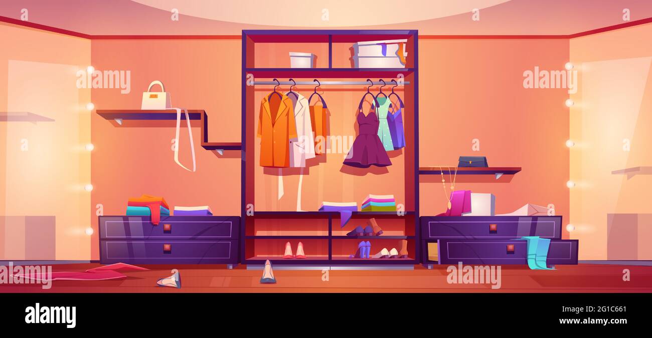 pics Ropa Armario Animado https www alamy es moderno vestidor con ropa de mujer desordenada y zapatos desordenados en los estantes del armario y en el suelo interior de dibujos animados vectoriales de guardarropa vacia para el almacenamiento de ropa y vestirse con grandes espejos y perchas image431142153 html