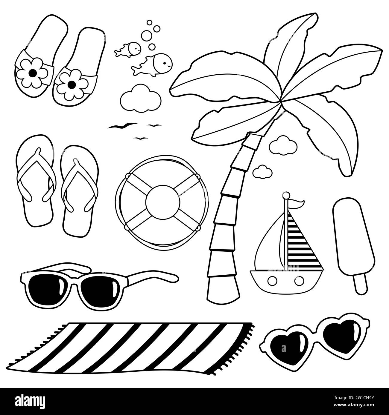 Objetos De Vacaciones De Verano En La Playa Pagina Para Colorear En Blanco Y Negro Fotografia De Stock Alamy